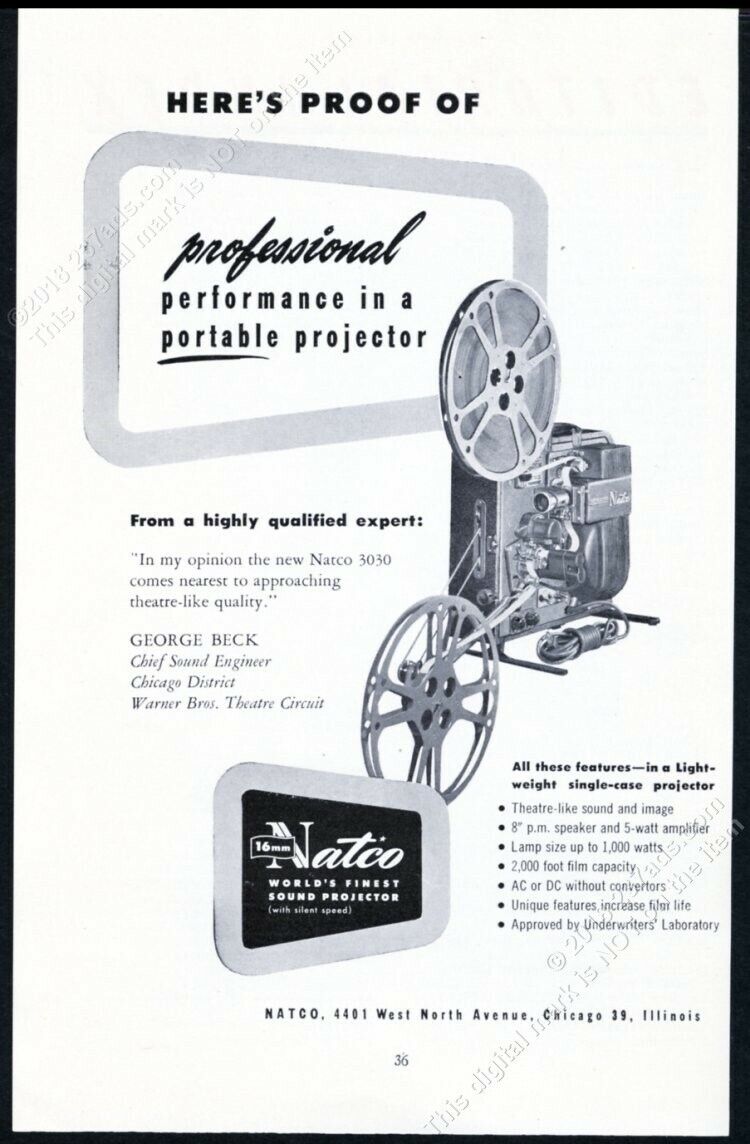 1950 Natco 16mm movie projector photo vintage trade print ad