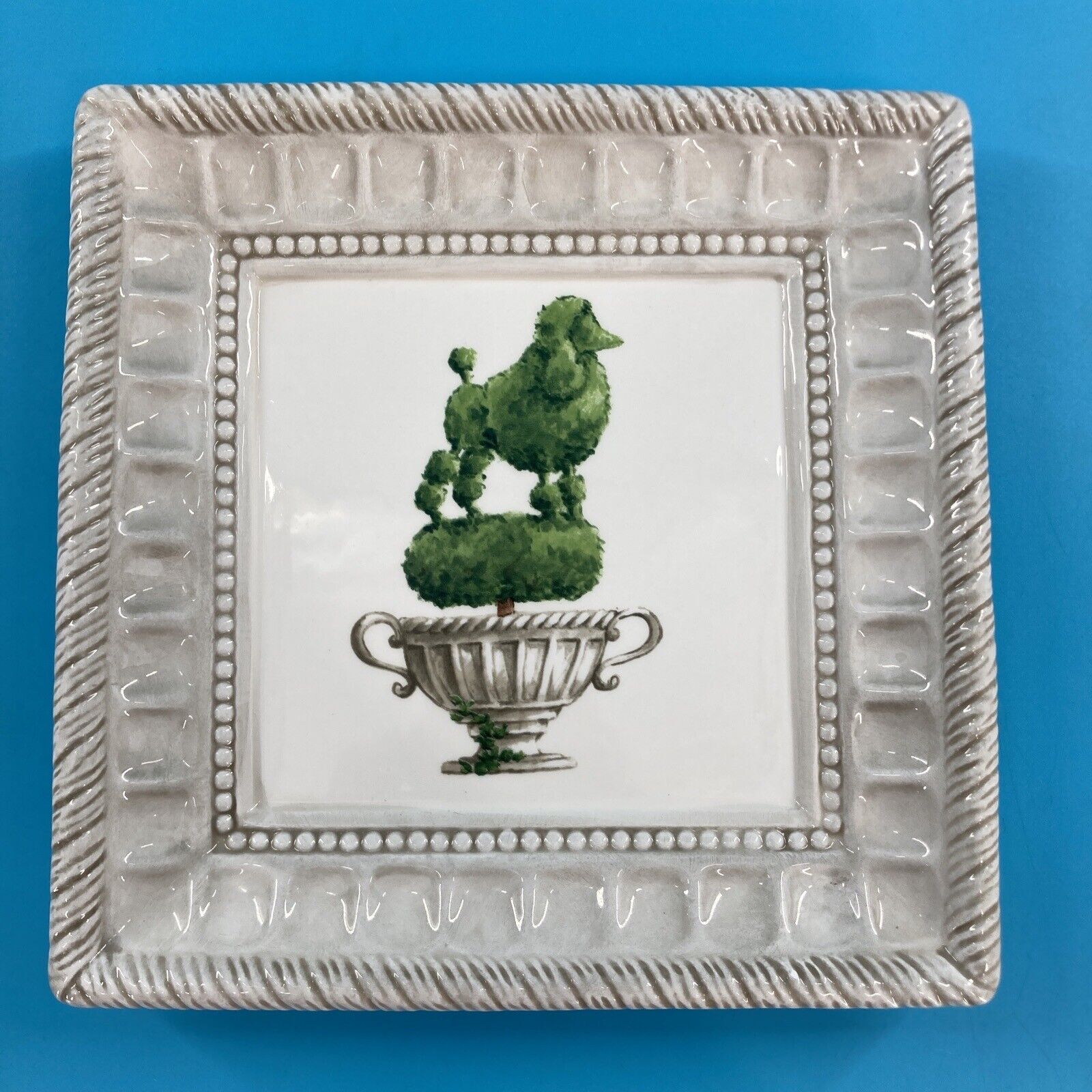 RARE Vintage 9” Square Decorative Poodle Topiary Plate Hand Painted 