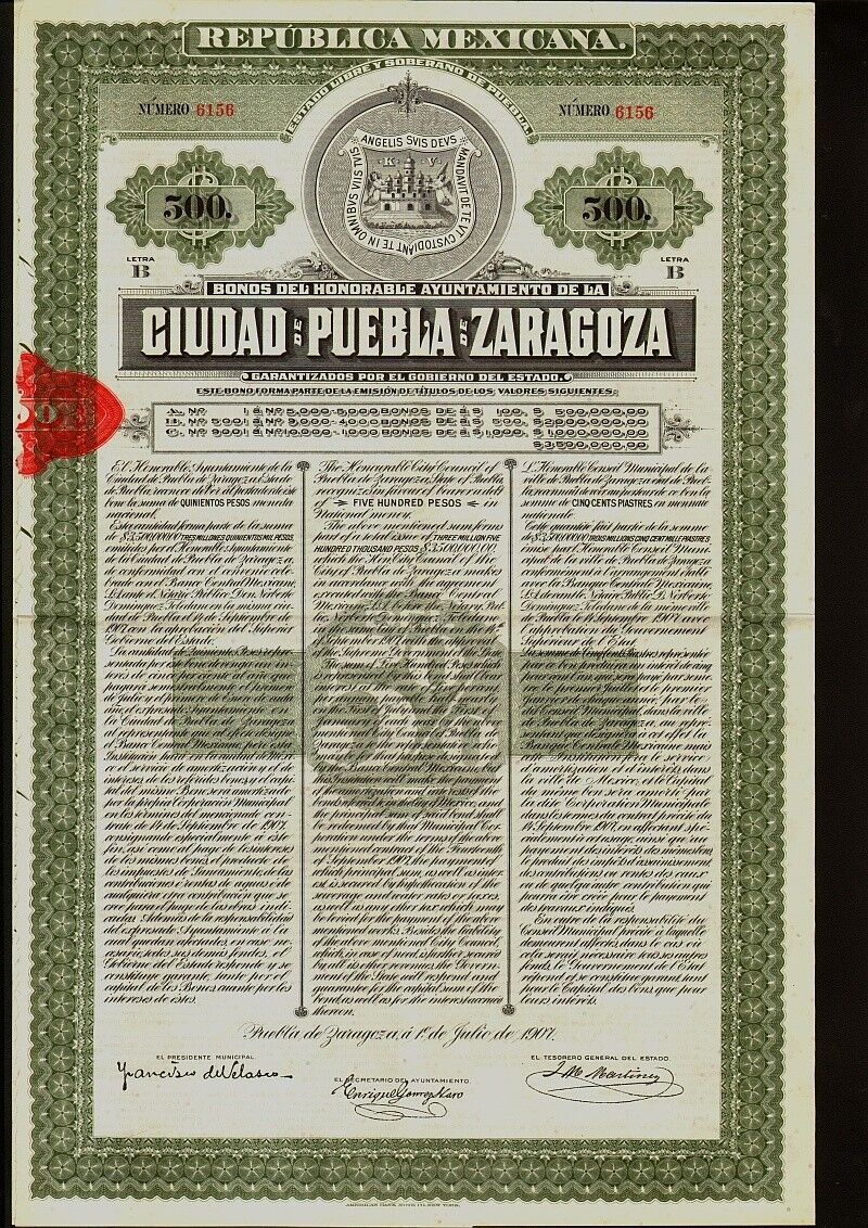 MEXICO  City Bond Ciudad de Puebla de Zaragoza $500 1907 uncancelled dividend c.