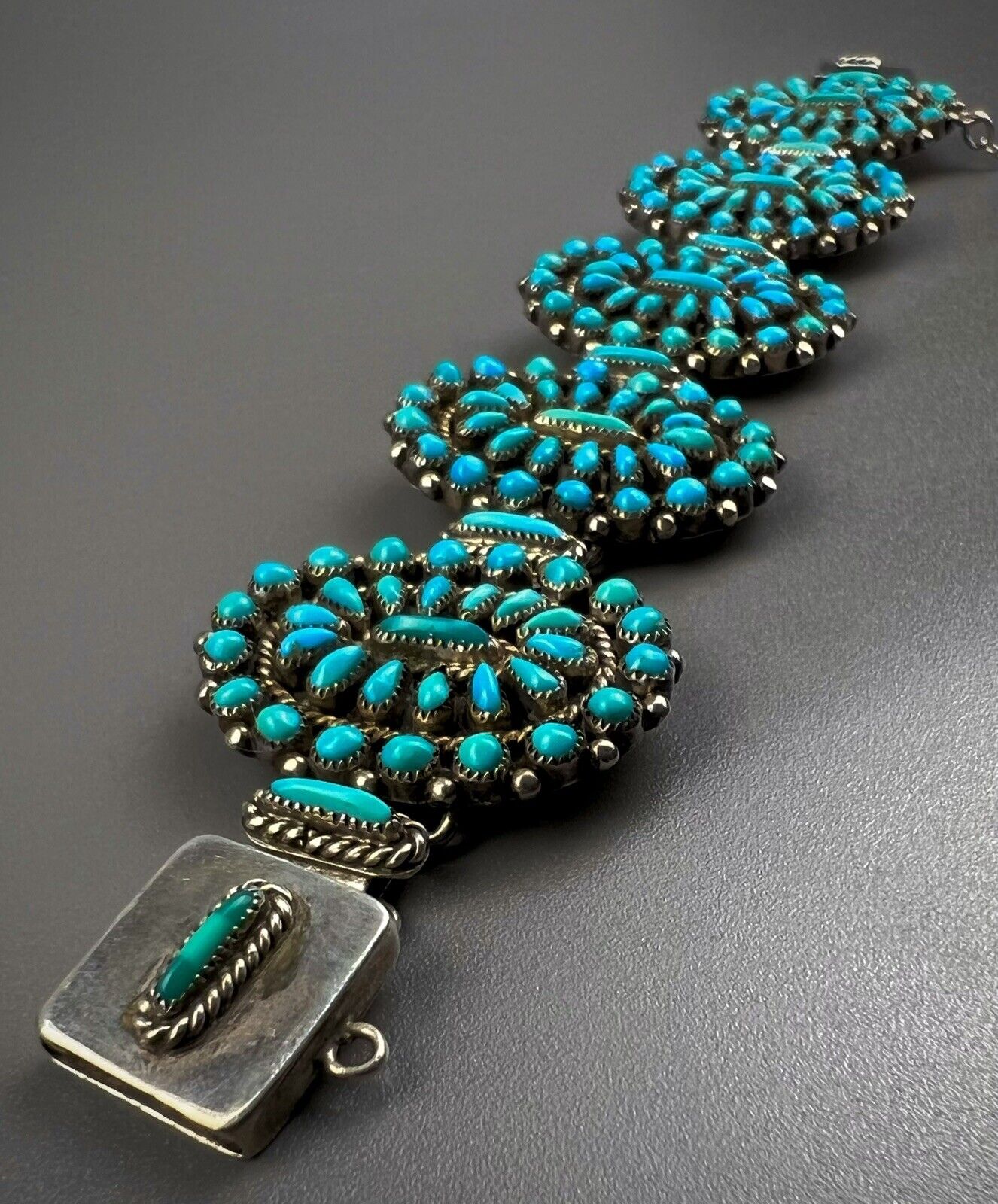 RARE Vintage ZUNI Silver Petite Point Turquoise Cluster Link Bracelet HOLY MOLY