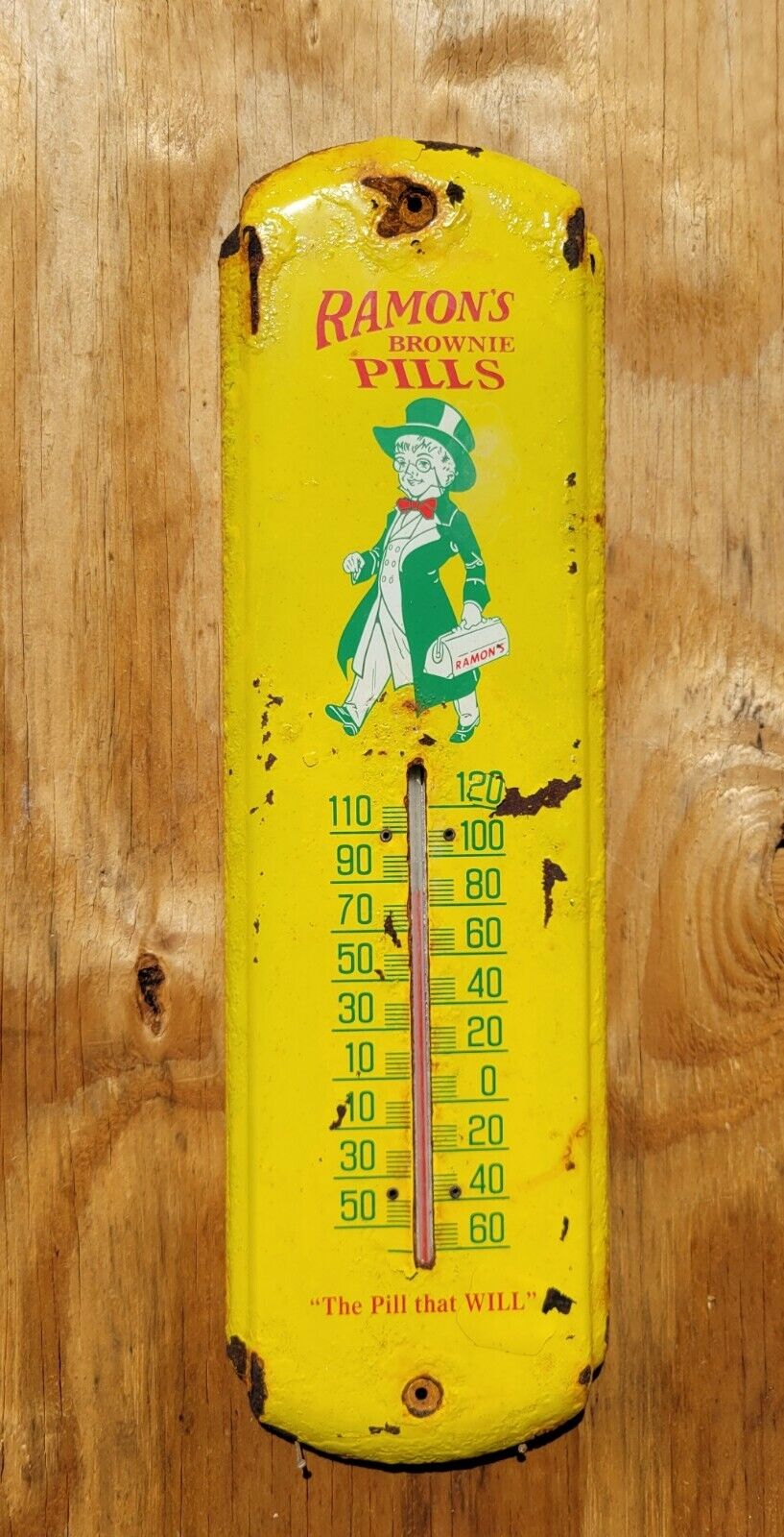 VINTAGE RAMONS THERMOMETER SIGN BROWNIE PILLS MEDICINE DOCTOR PHARMACY ELIXER