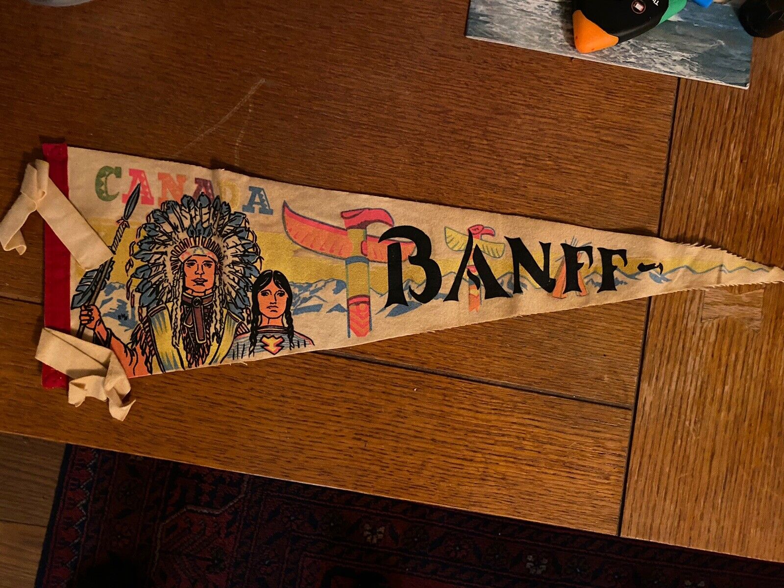 Banff Canada Indian Chief  Totem Poles Vintage Souvenir Pennant