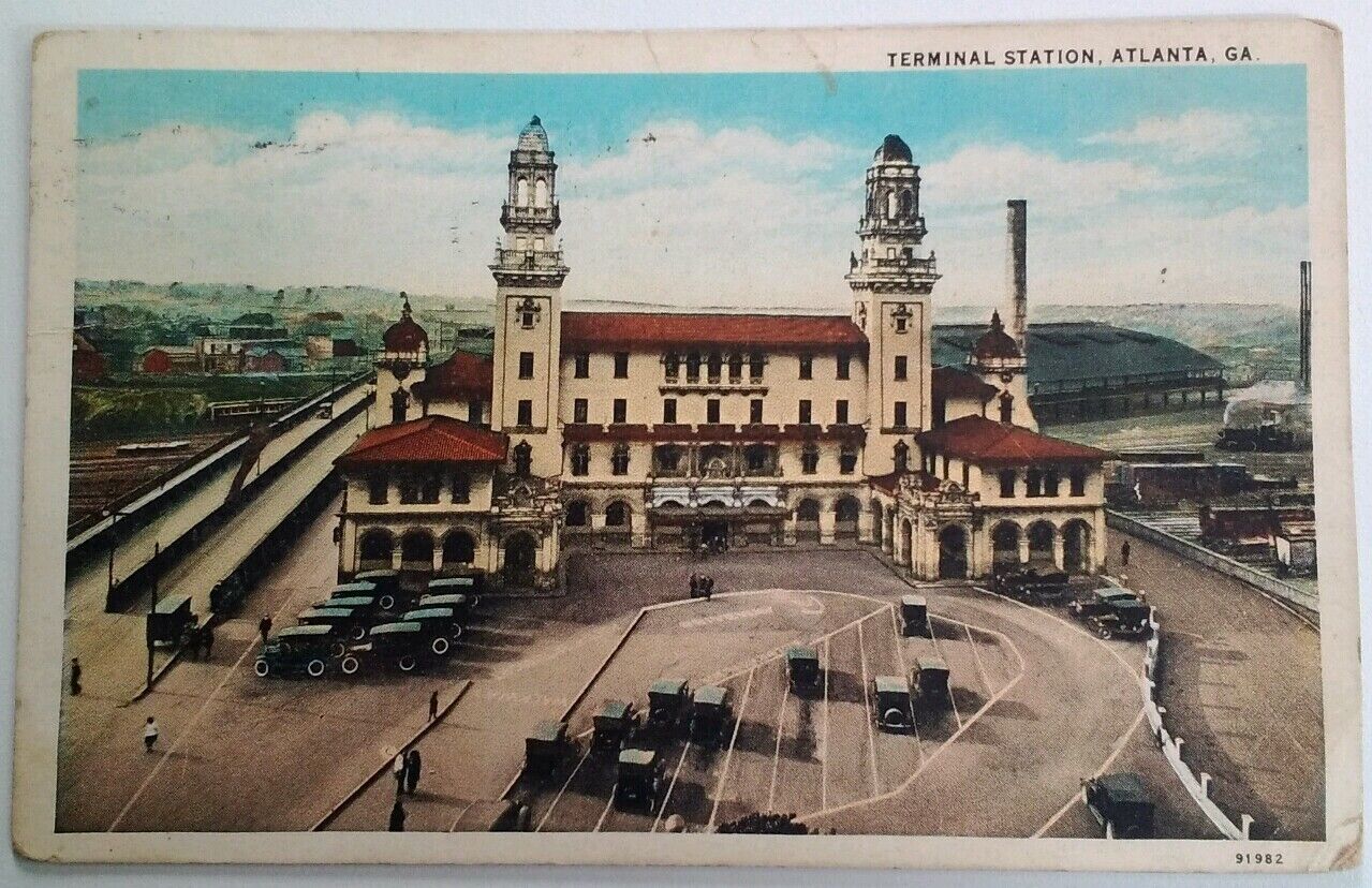 Georgia Postcard 1930 Original RARE Atlanta Terminal Train Station Cars 