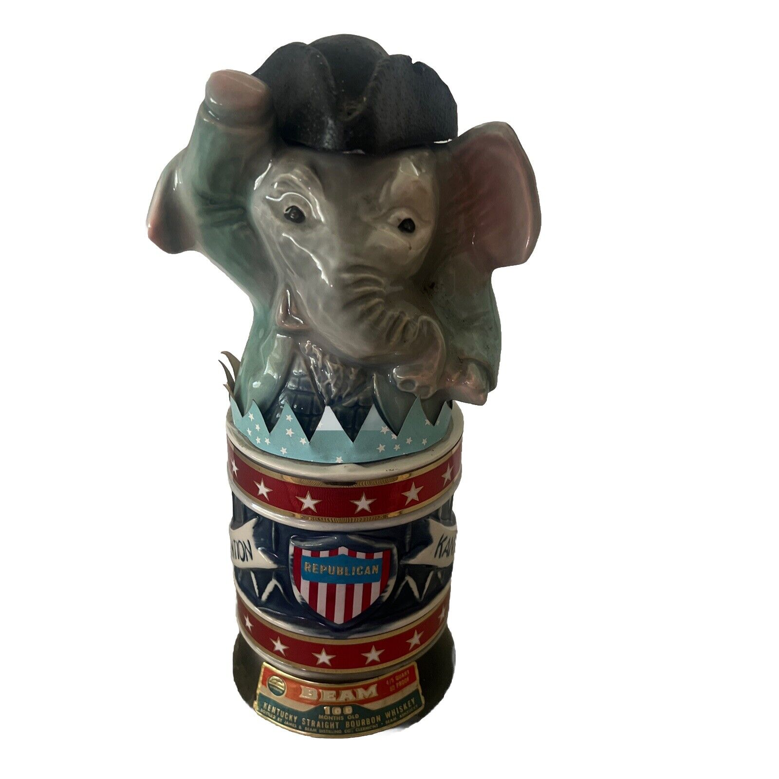 Vintage 1976 Jim Beam Elephant Hat Ceramic Republican Whiskey Decanter Empty