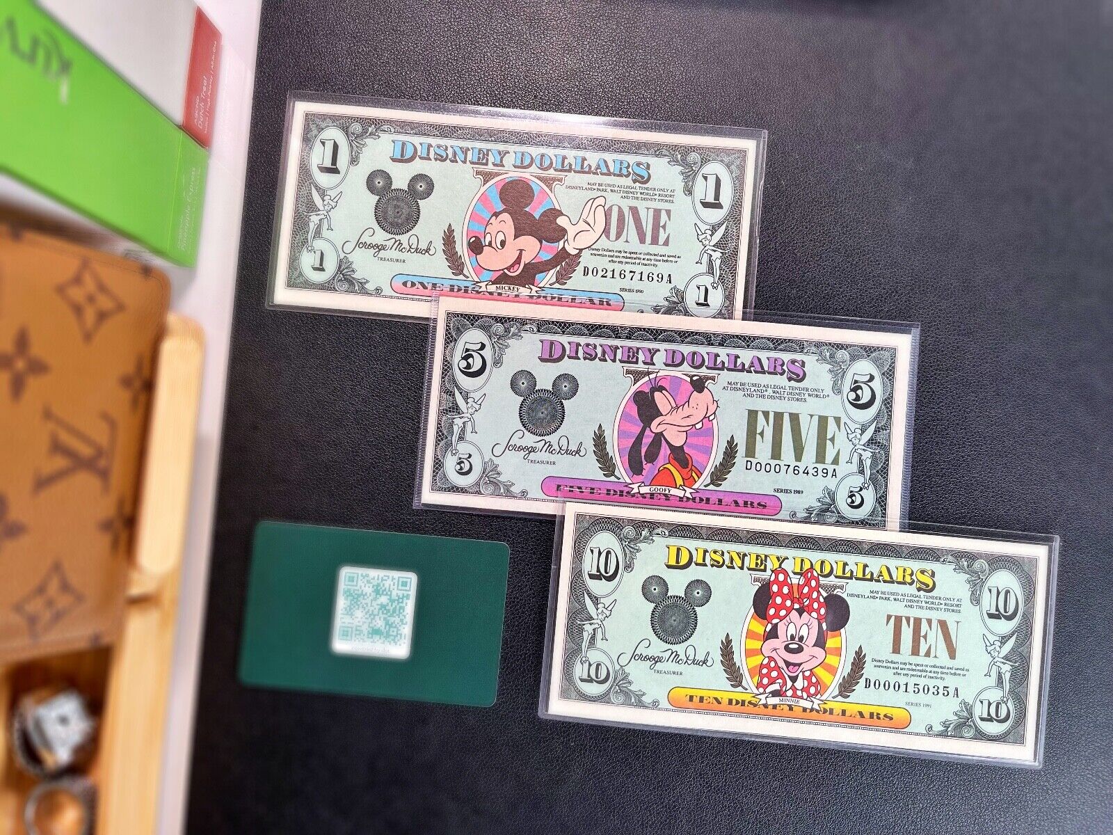 Disney Dollar Set - 1990 $1, 1989 $5, 1991 $10 Disney Dollar - GEM UNC