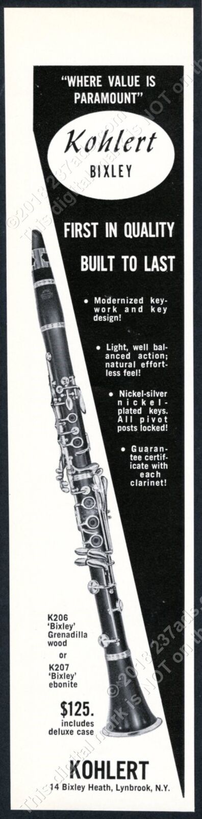 1963 Kohlert Bixley K206 K207 clarinet photo vintage print ad