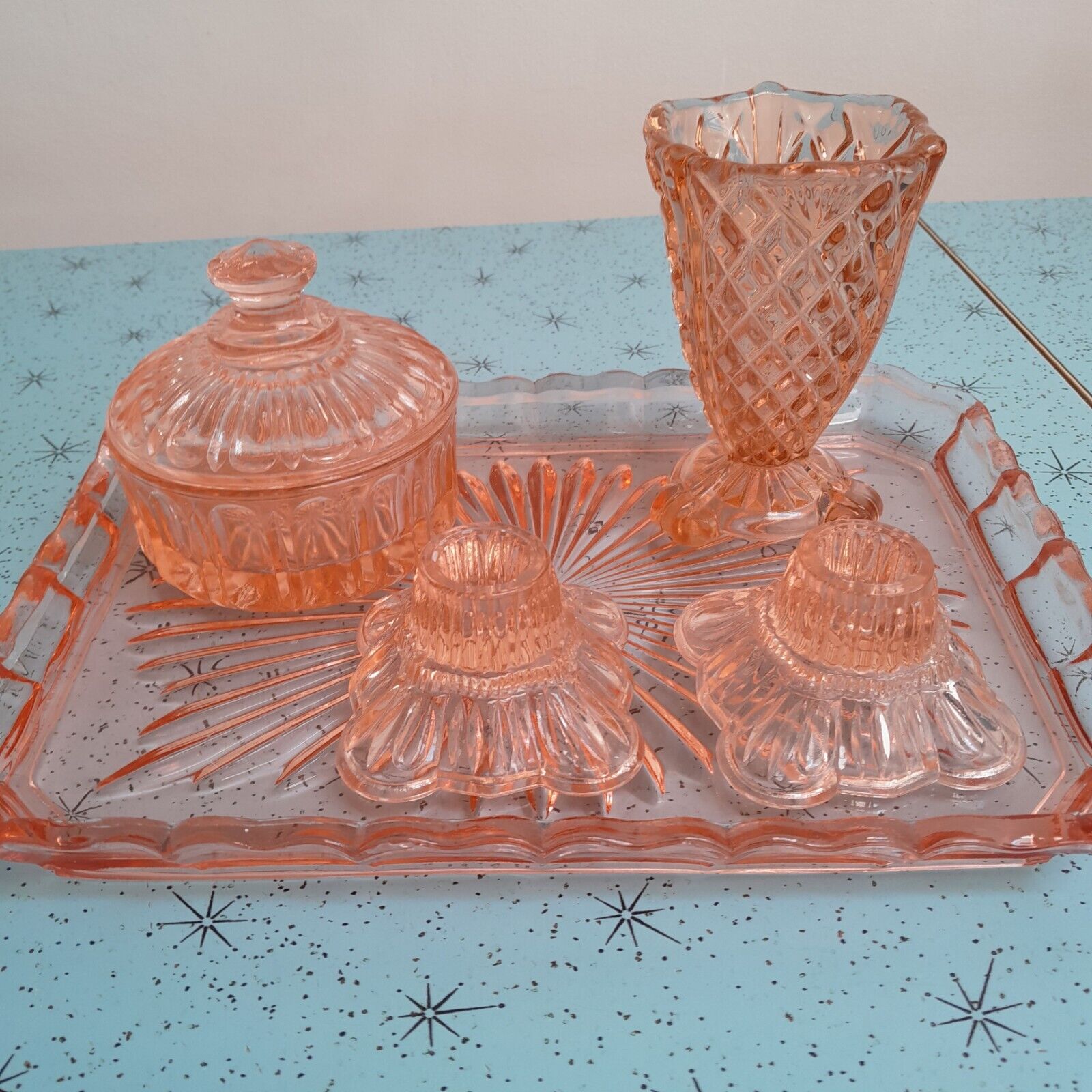 Vintage Art Deco Pressed Glass Vanity Set In Pink/ Peach