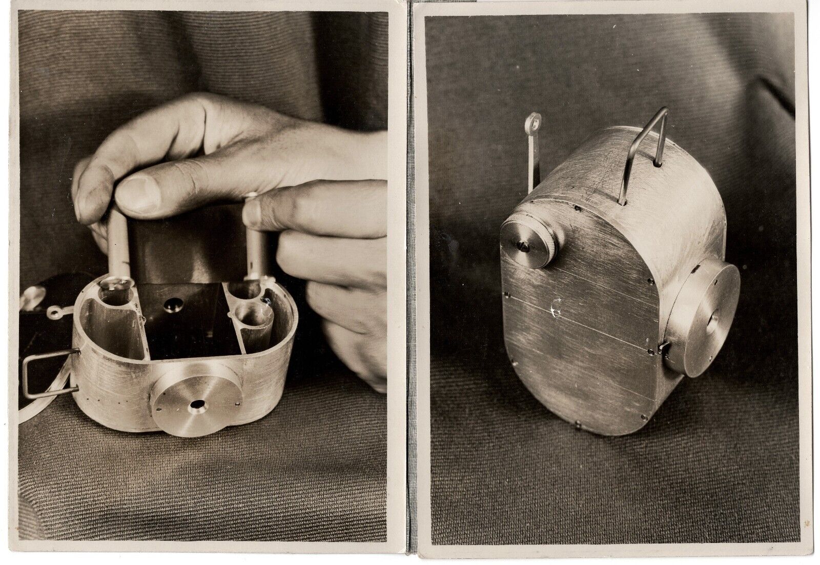 Two Vintage 5x7 photos of the Varsity mini-camera prototype, mounted in folder