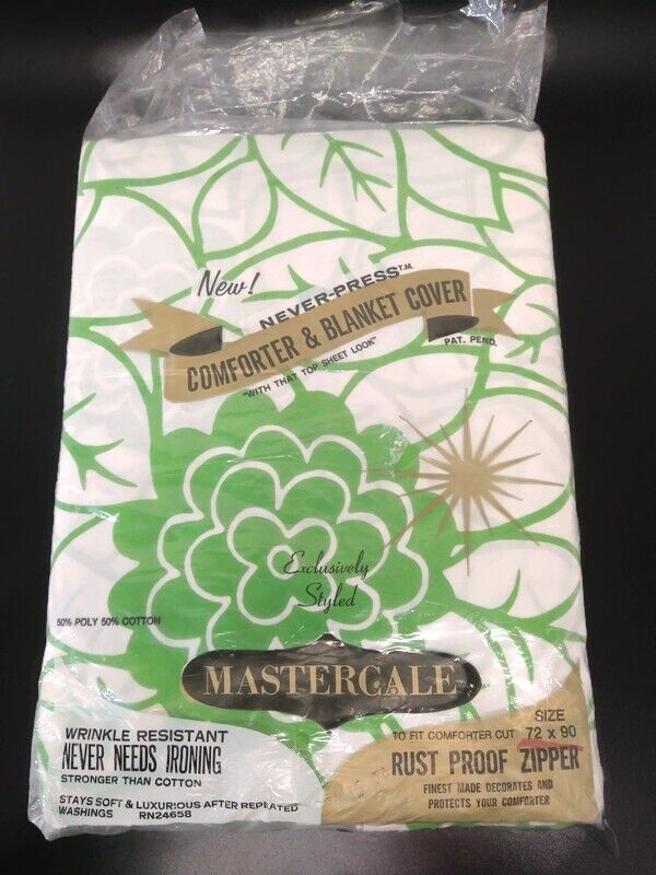 Mastercale NOS Vintage Comforter & Blanklet Cover 72 x 90 Green Flower Leaf