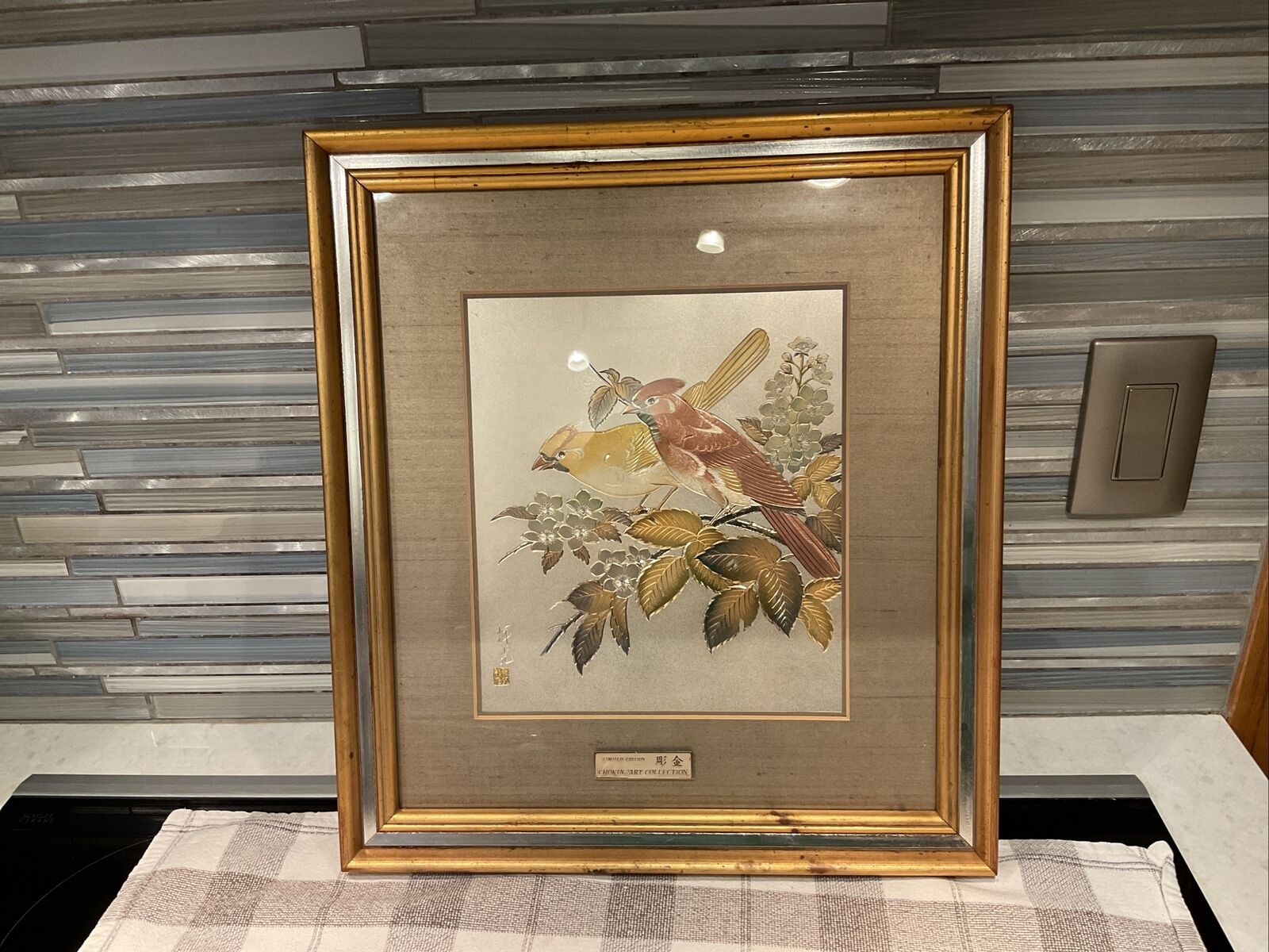 Vintage Japanese Chokin Art Bird & Flowers Limited Edition Framed