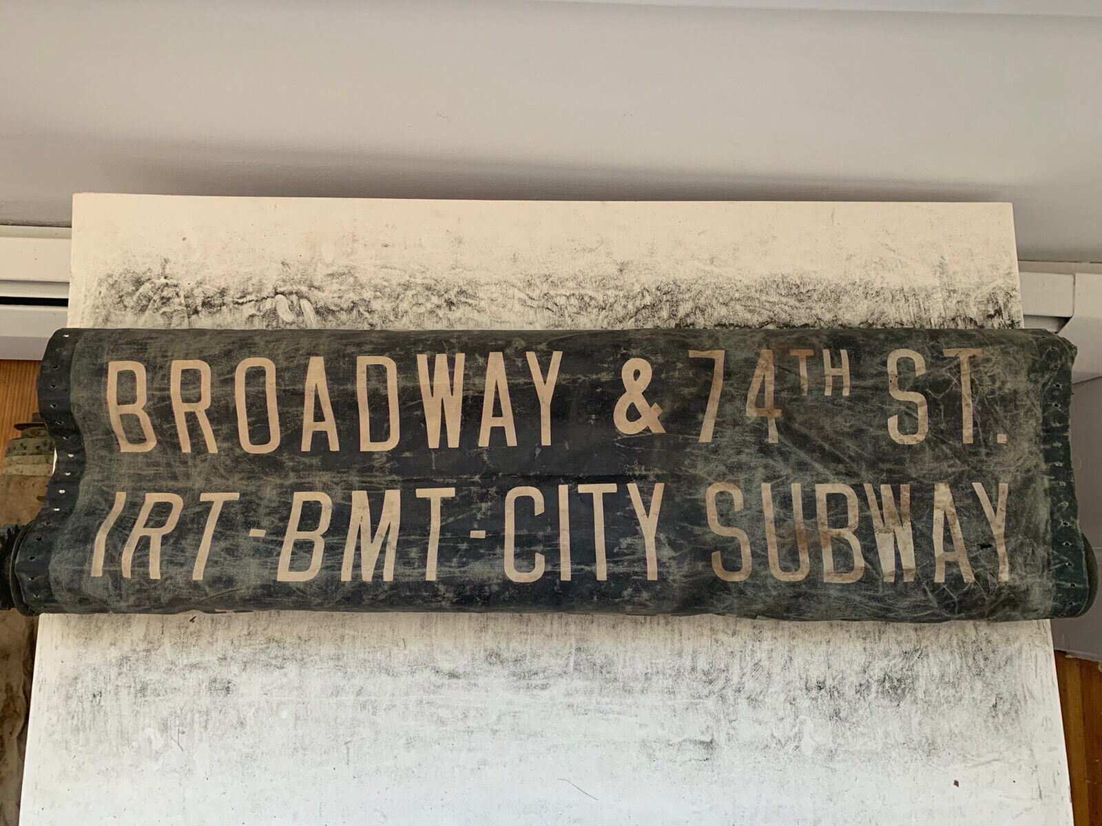 NY NYC PRIMITIVE BUS ROLL SIGN BROADWAY 74 STREET IRT BMT SUBWAY UPPER WEST SIDE
