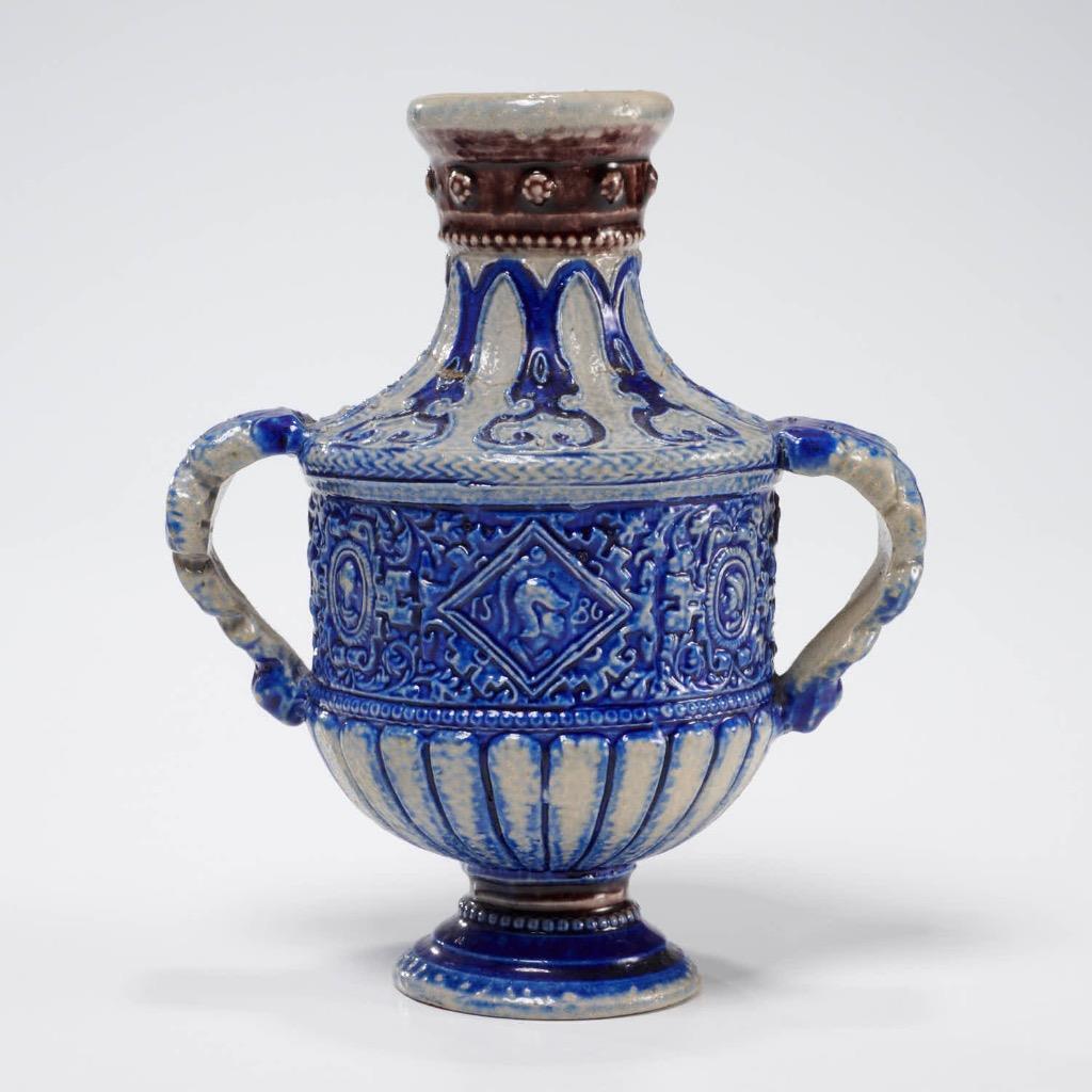 German Antique Westerwald Salt Glaze Blue Pottery Handled Vase 5.5\