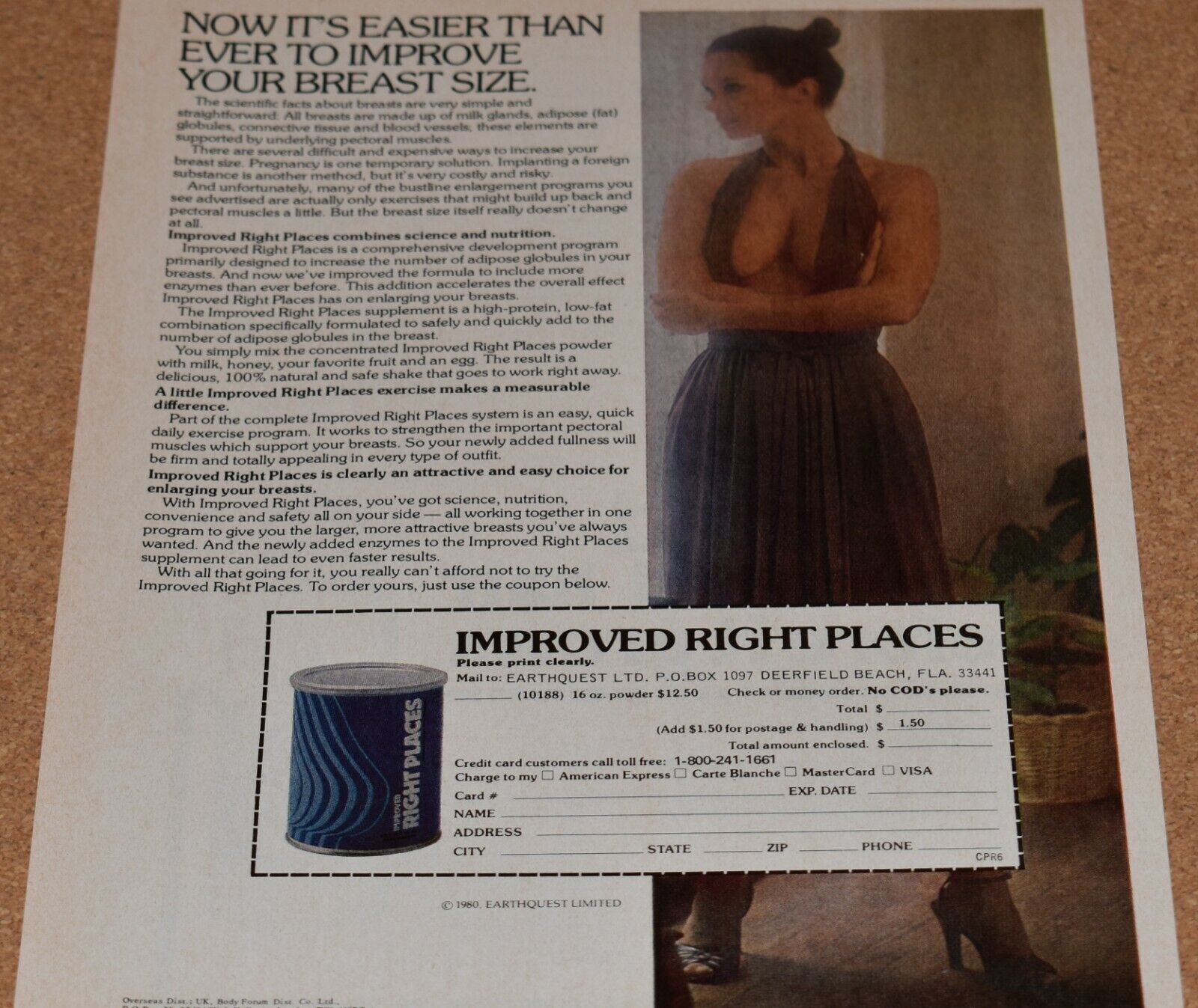 1980 Print Ad Improved right places Breast Enhancement mix concentrate woman art