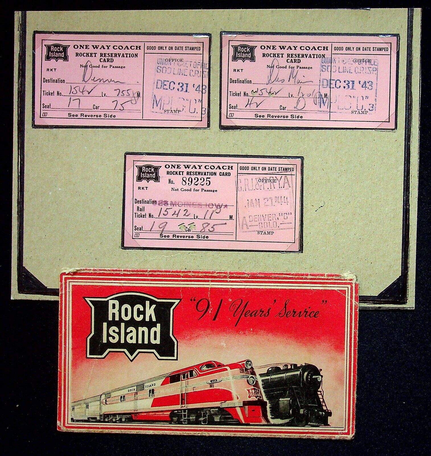 1943-1944 Rock Island Railroad Line WWII Reservation Card Tickets & Envelope