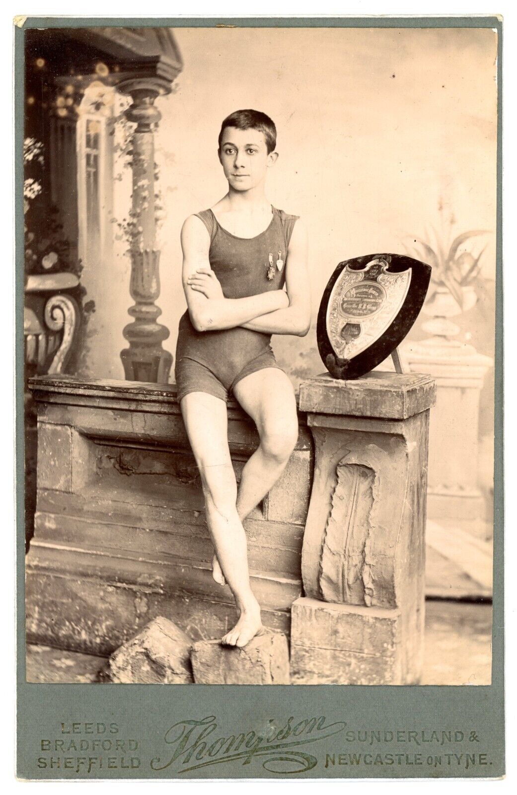 1890 DATED: SWIMMING CHAMPION VICTORIAN CABINET CARD -- SUPERB SPORTS ITEM
