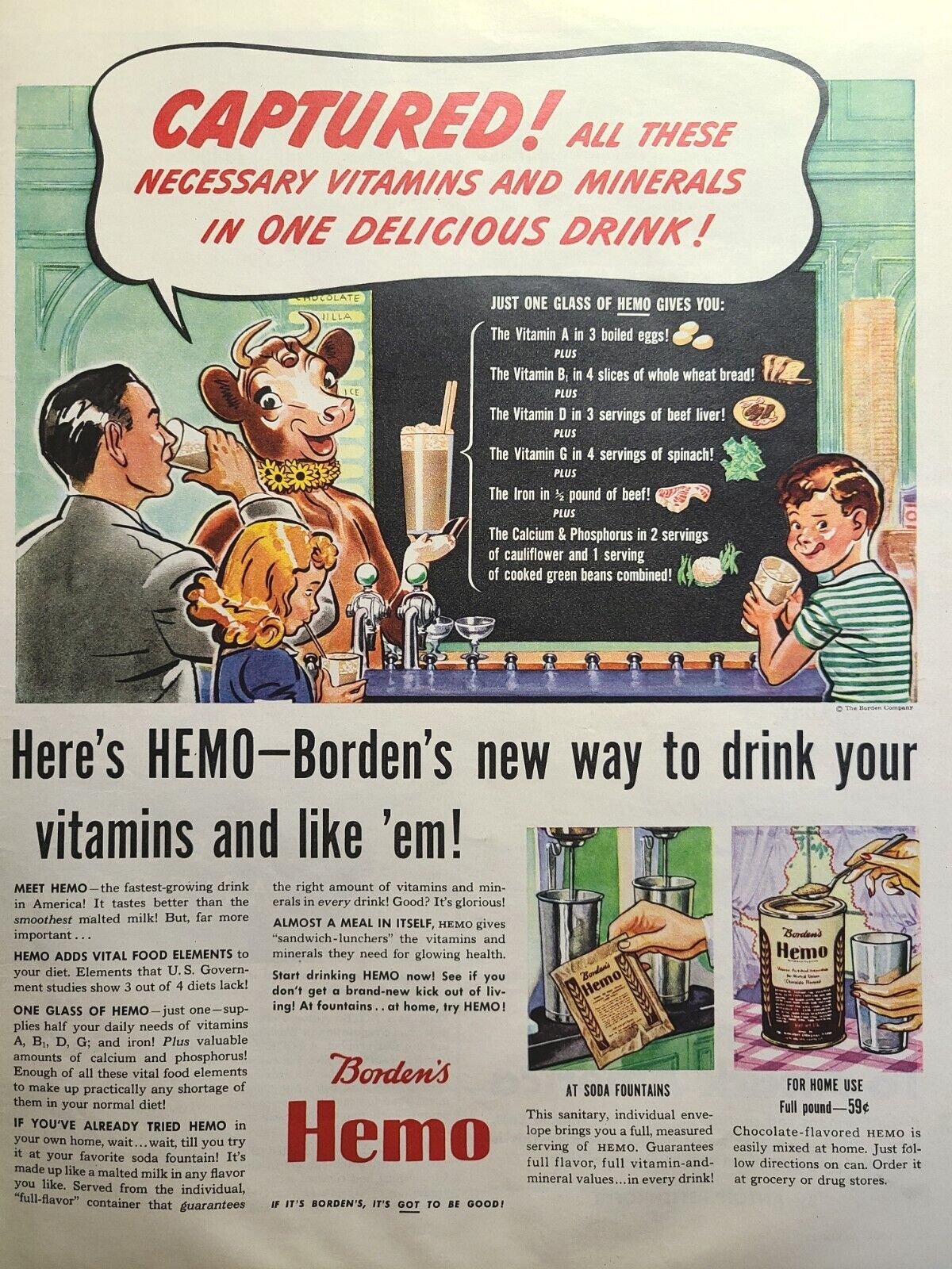 Borden\'s Hemo Chocolate-Flavored Drink Mix Soda Fountain Vintage Print Ad 1942
