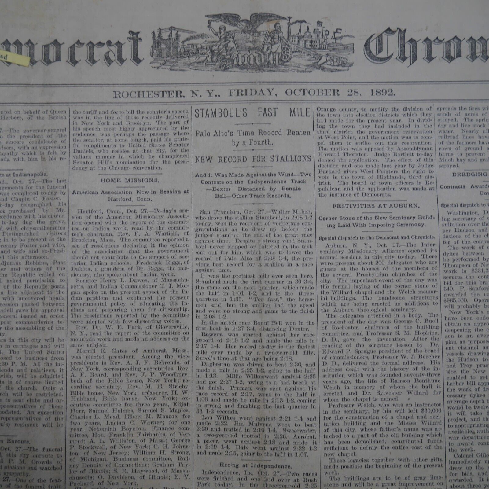 1892 Rochester Democrat Chronicle Newspaper NY Benjamin Harrison Stamboul Votes