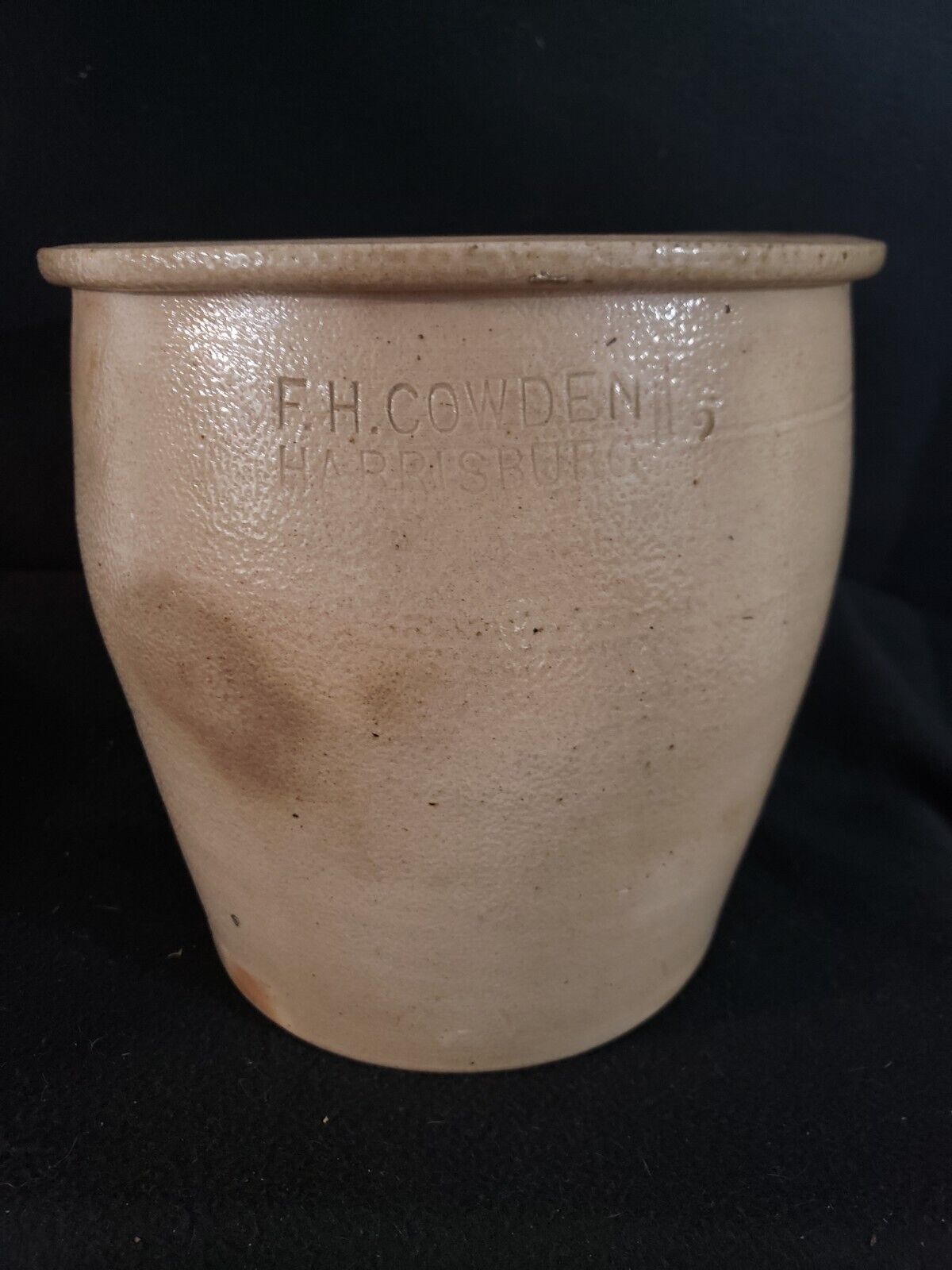 Antique 1880's F H Cowden Stoneware Cream Crock - Harrisburg, Pa