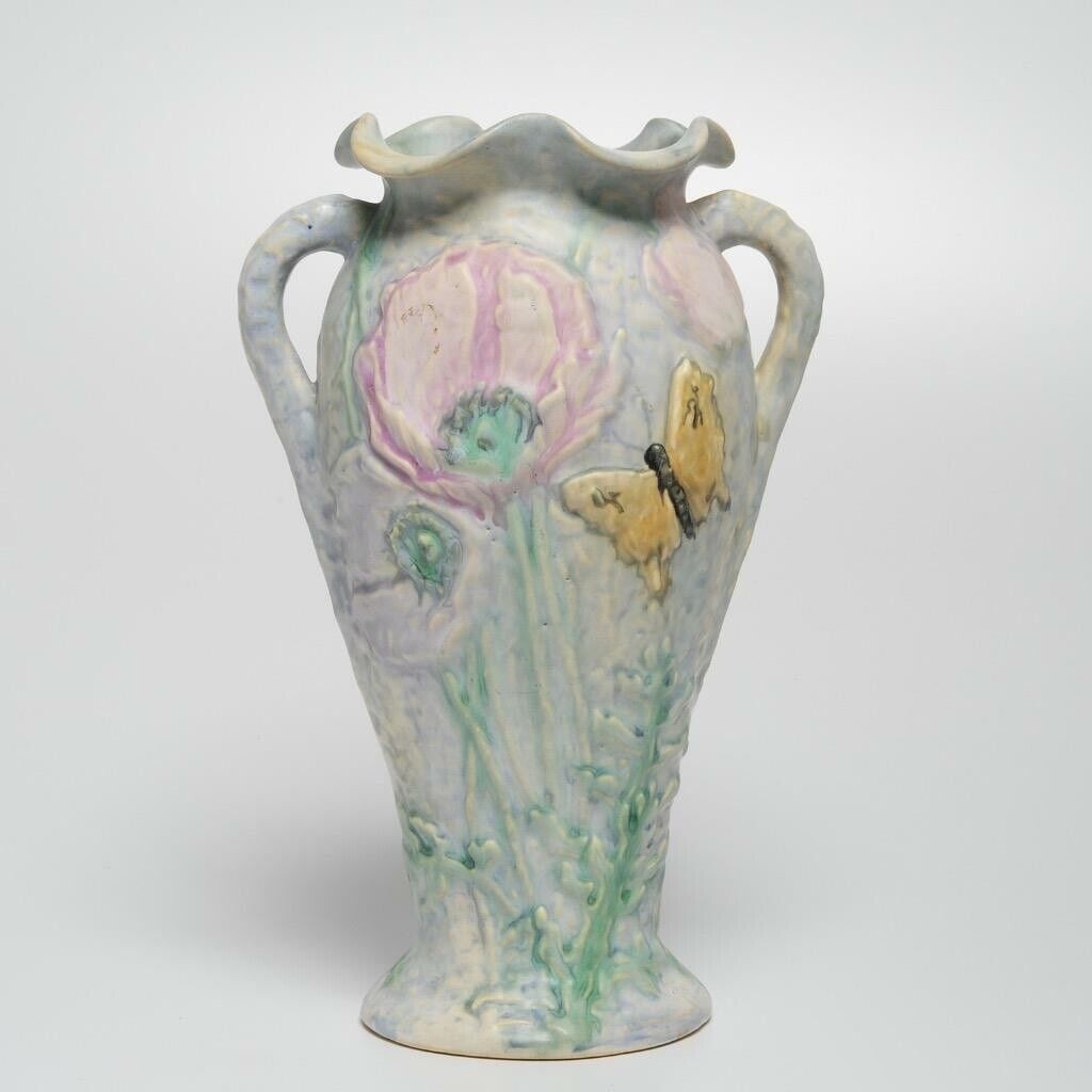Weller Ware Silvertone Art Pottery Vase Butterflies Flowers Vintage 1920s
