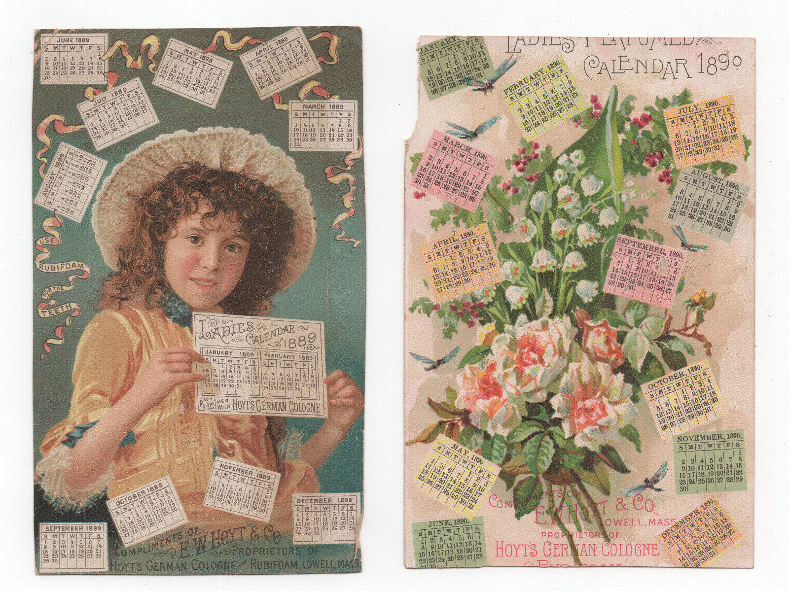 2 Textured Victorian Trade Card E W Hoyt\'s German Cologne Girl w 1889 Calendar