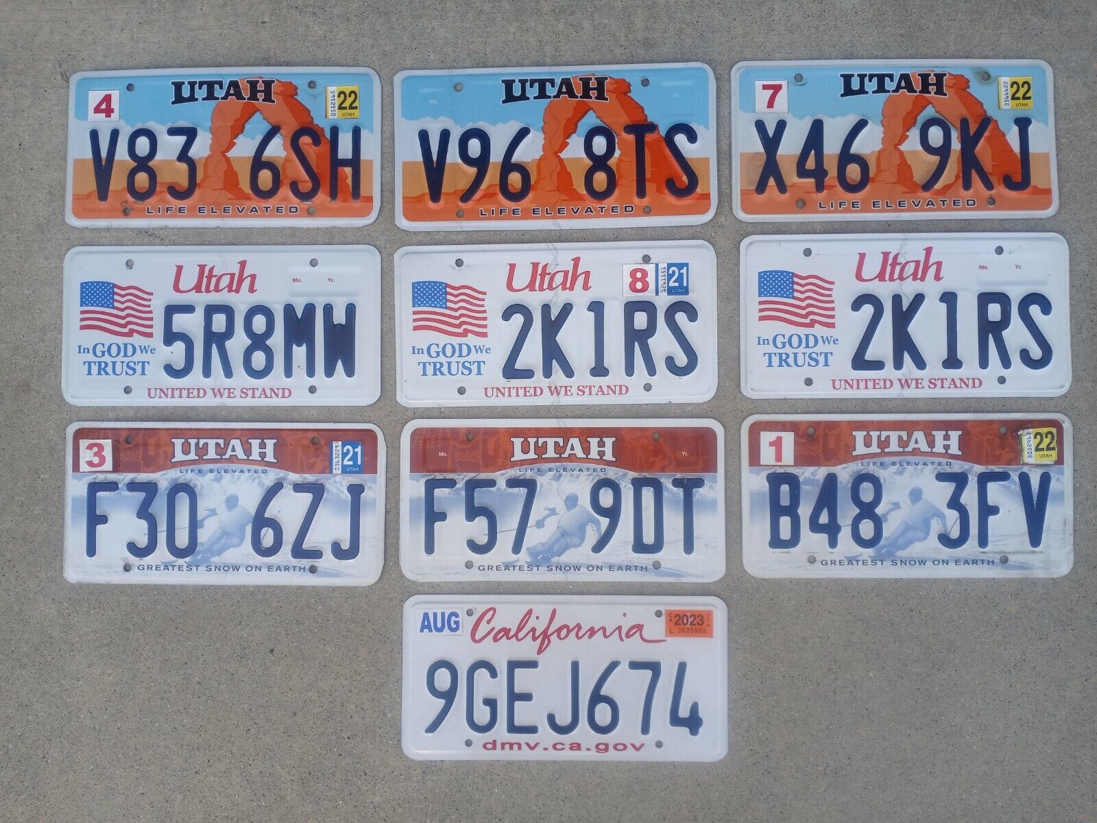 REDUCED $$ LOT of 10 License Plate - Utah Skier, Arch, IGWT &  California RANDOM