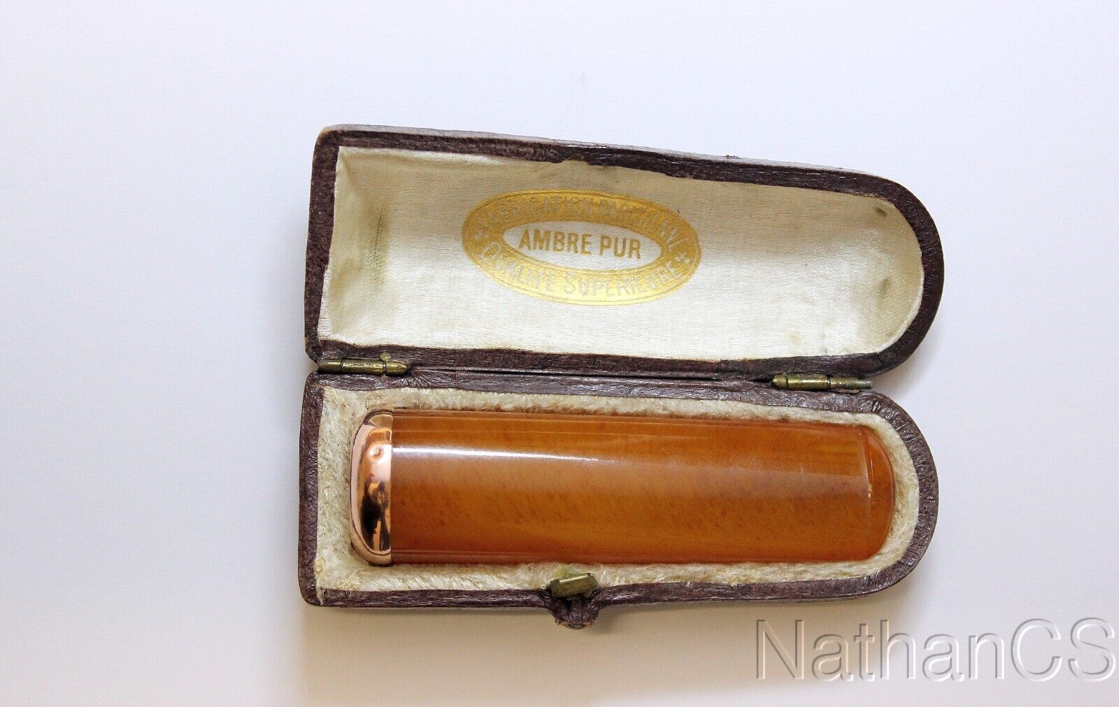 Early XXth Cent Butterscotch Amber & 18K Rose Gold Cased Cigar Holder Unused VVR
