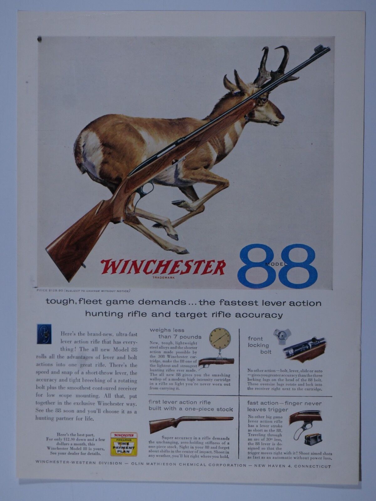 Winchester 88 Vintage 1958 Fastest Lever Action Rifle Original Print Ad 8.5x11\