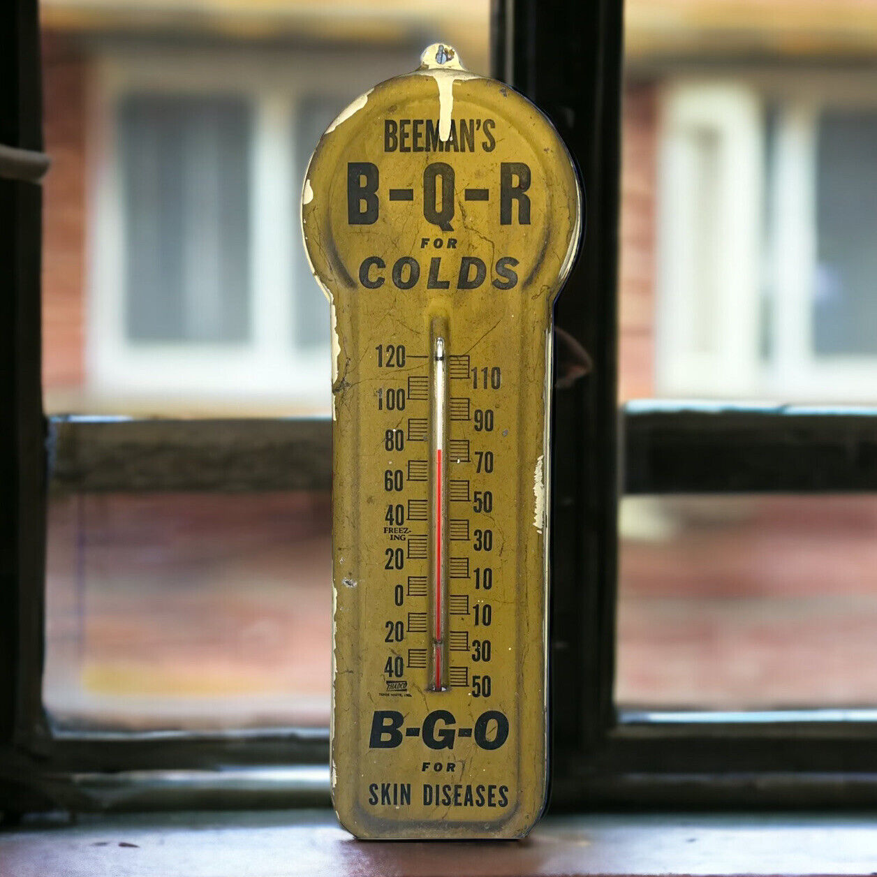 Vtg BEEMAN’S B-Q-R For COLDS Skin Disease Thadco wall thermometer advertising