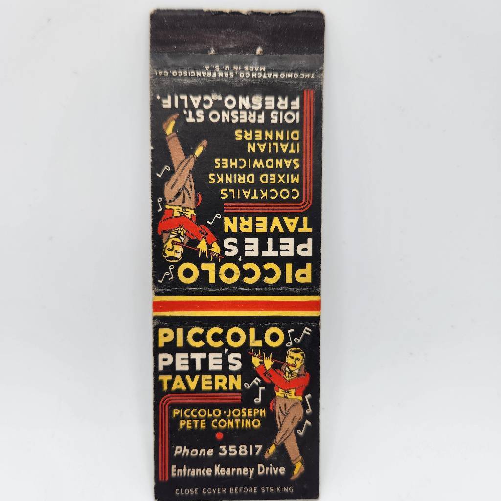 Vintage Matchcover Piccolo Pete's Tavern Fresno California 1015 Fresno St.