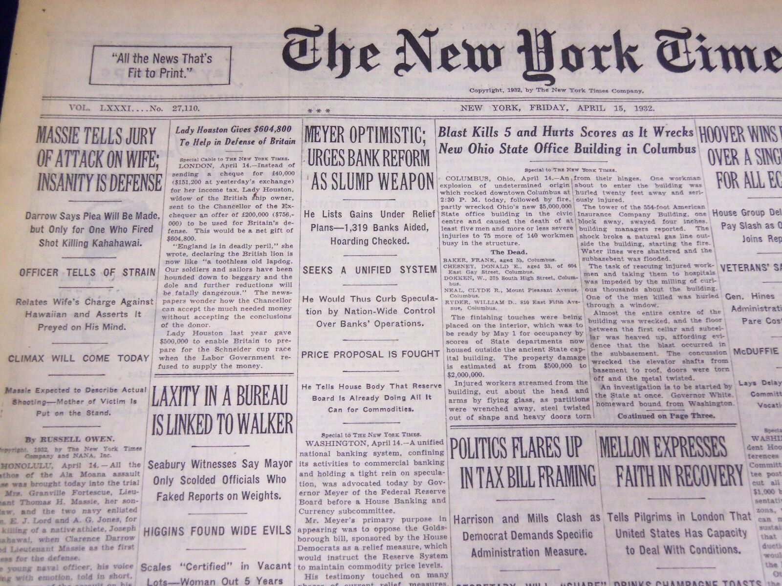 1932 APRIL 15 NEW YORK TIMES - INSANITY IS MASSIE DEFENSE - NT 4007