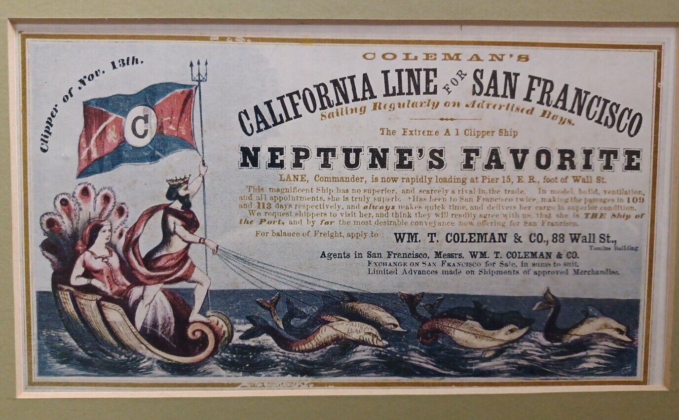 Ext Rare ca 1860 Clipper Ship Card for Neptunes Favorite Sailing from NY Framed
