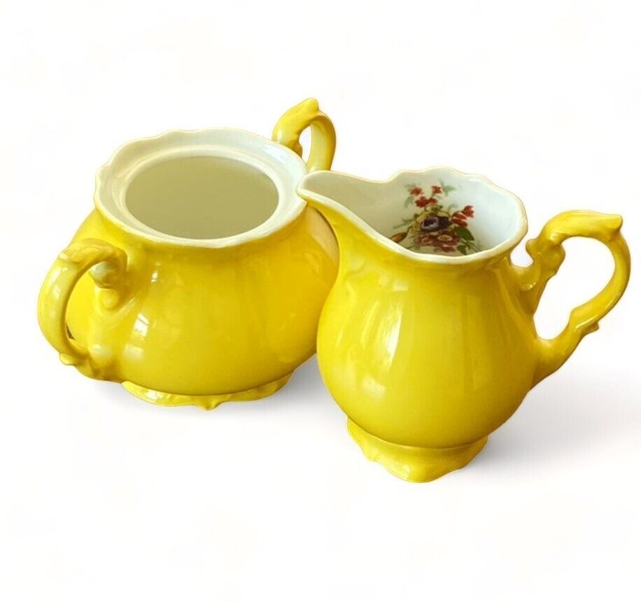Victoria Footed Sugar Bowl & Creamer (Czechoslovakia, Floral, 2180, VTG, Yellow)