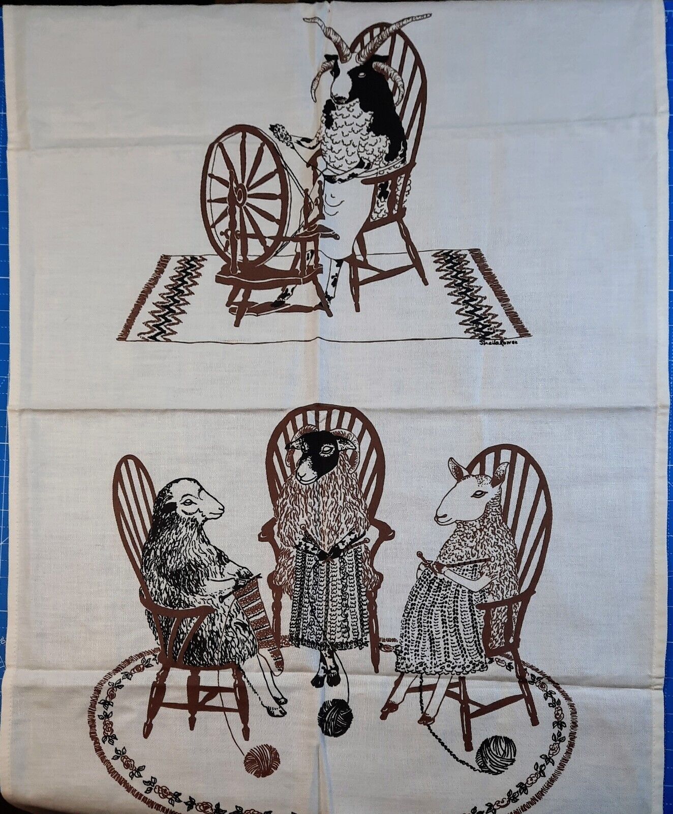 Vintage Kitchen Tea Towel Sheila Rowse Unused novelty Funny Sheep Knitting 