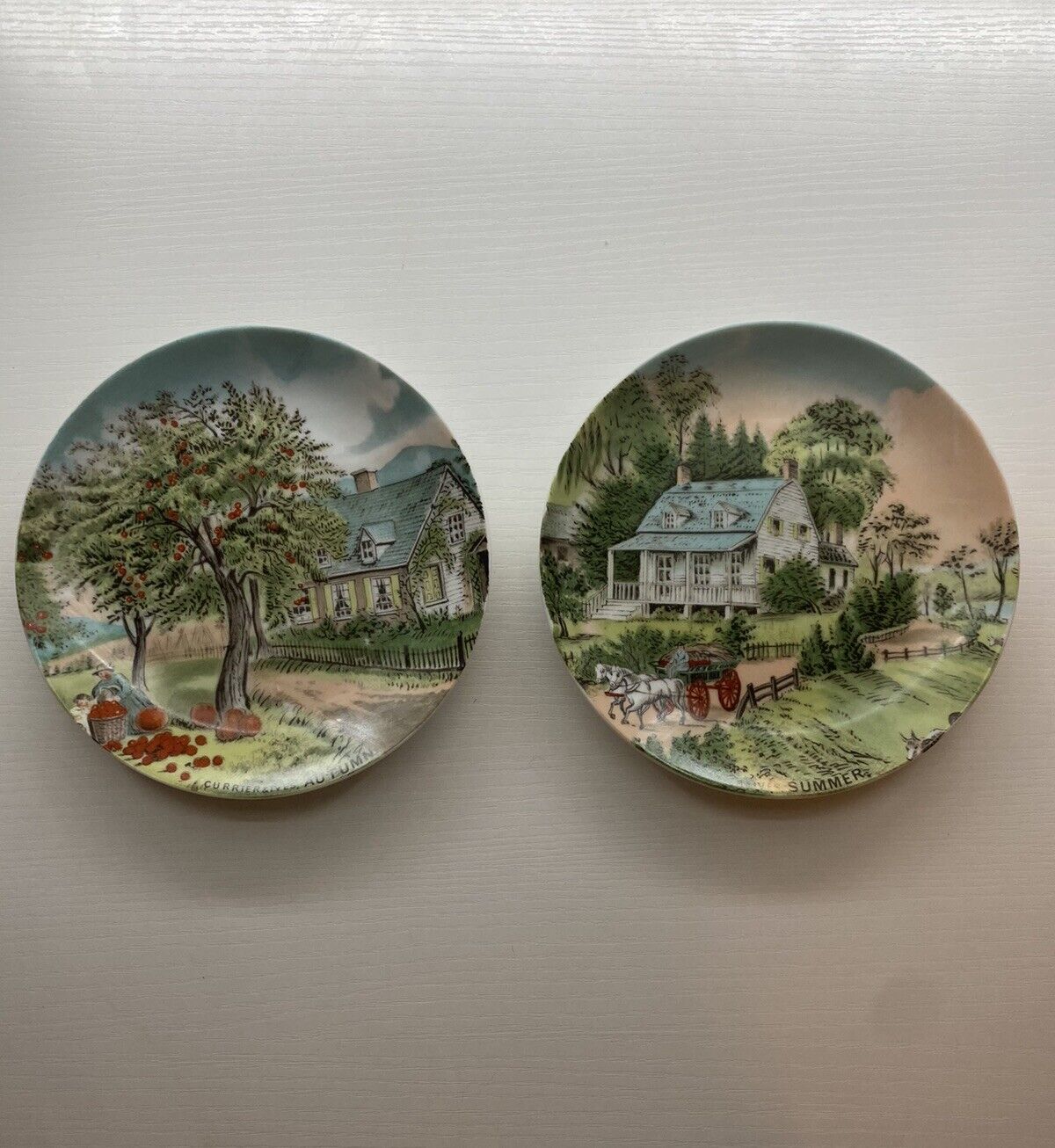 Vintage Set Of 2 Currier & Ives THE FOUR SEASONS Autumn  Summer WALL PLATES