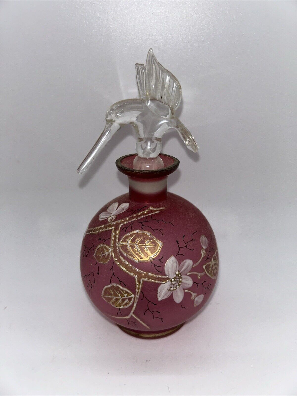 Antique Hand Painted Frosted Cranberry Glass Floral/Handblown Stopper/Gold Trim