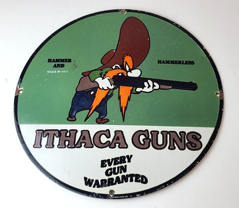 Vintage Ithaca Guns Sign - Hunting & Firearm Porcelain Gas Pump Service Sign