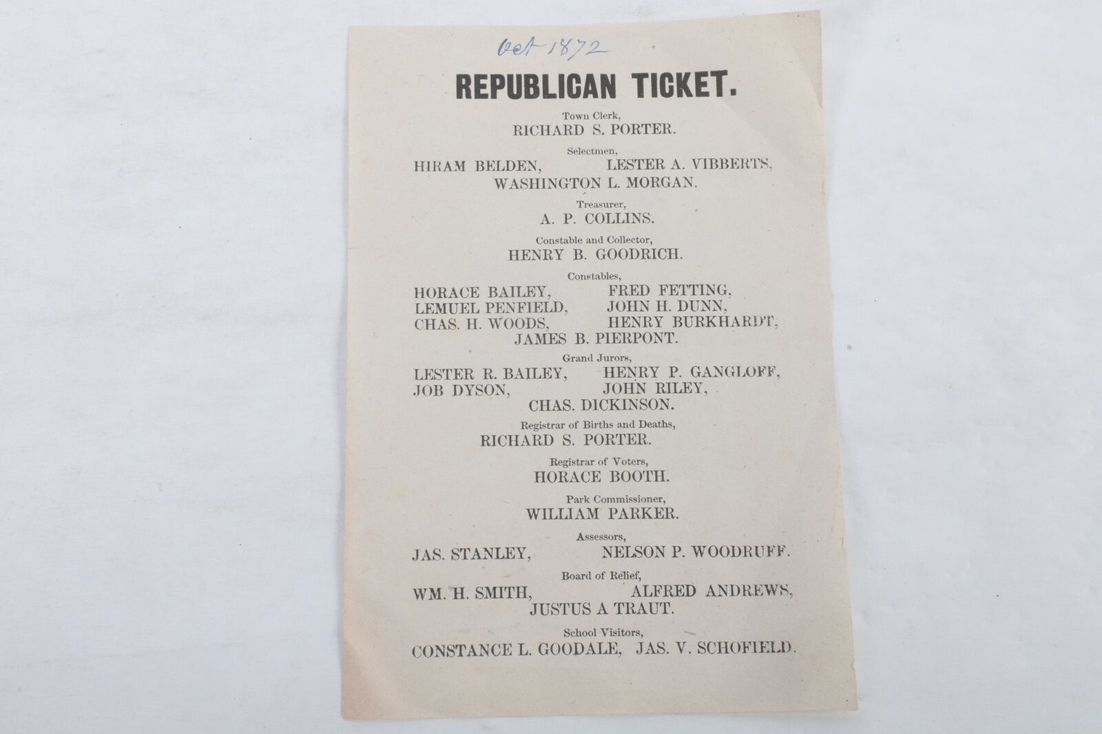 Antique 1872 Republican Ticket New Britain Connecticut CT History Porter Belden