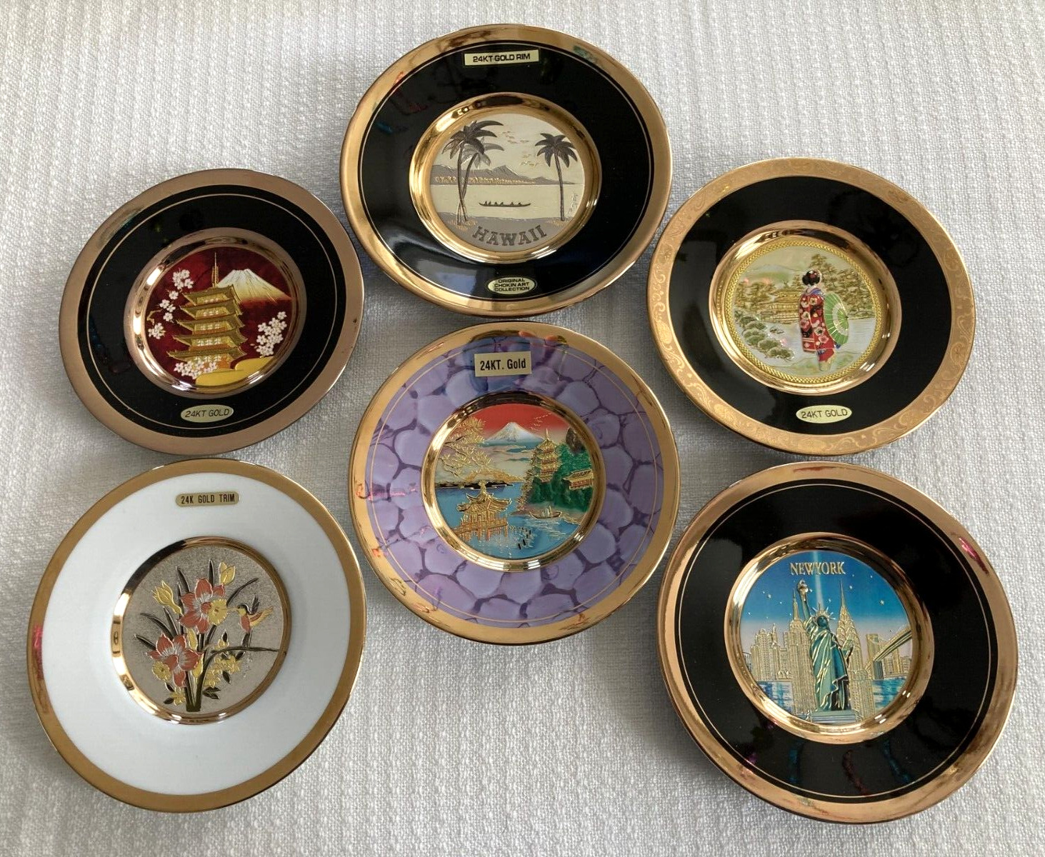 Collection of 6 Art of Chokin Plates, Dynasty Gallery, 24KT Gold edge, Mt Fuji
