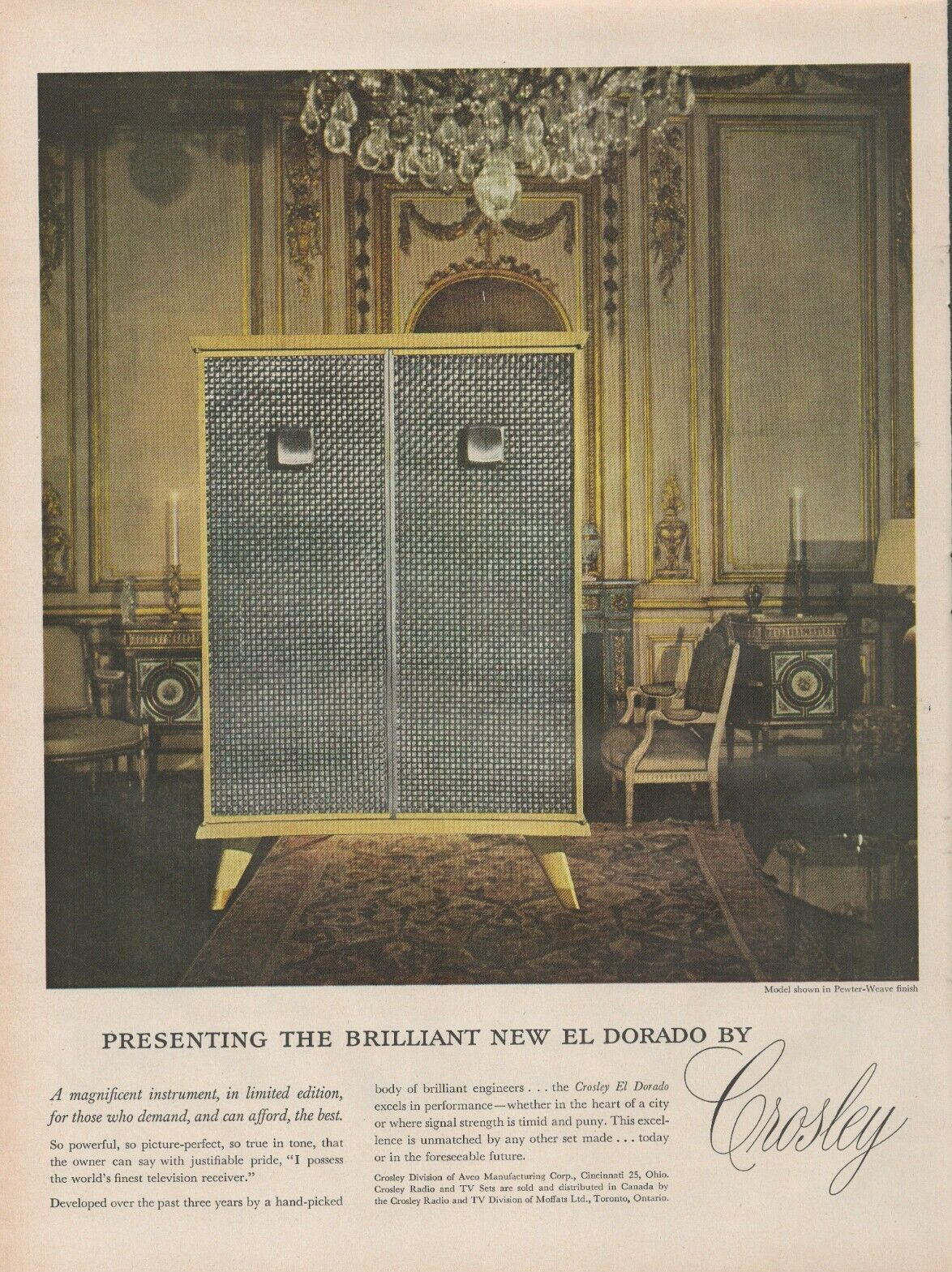 1955 Crosley Presenting Brilliant El Dorado Pewter-Weave Finish Print Ad