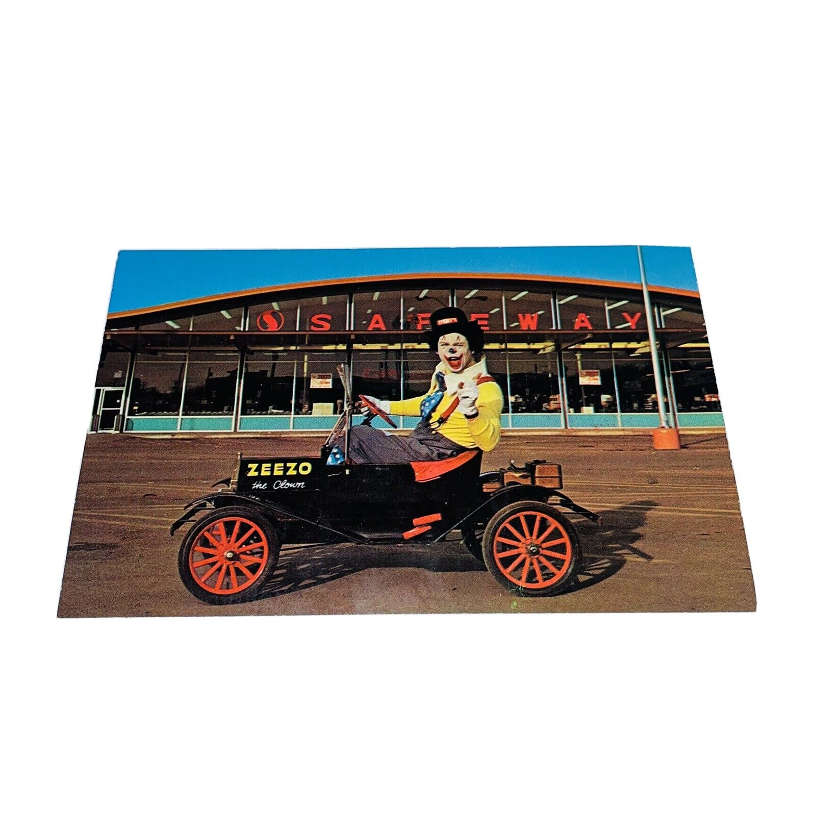 Safeway clown Zeezo on mini auto car Vintage 1969 Advertising Card Englewood Co.
