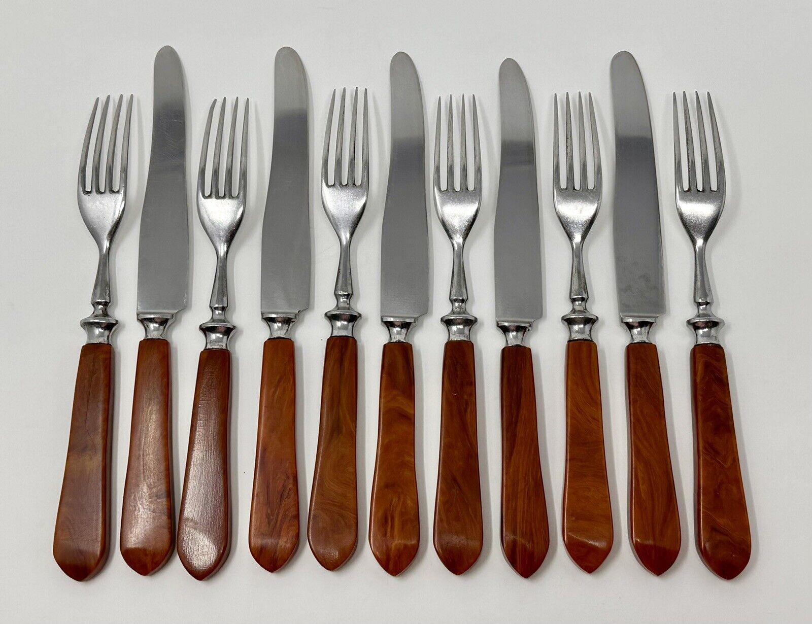 Antique Art Deco German Solingen Amber Brown Bakelite Handle Knife Fork Set 12pc