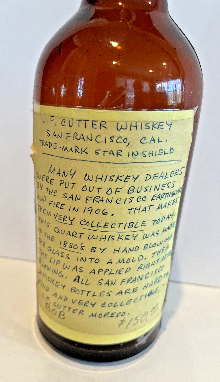 c. 1880\'s J F CUTTER E MARTIN & CO Amber Tooled Top Whiskey Bottle San Francisco