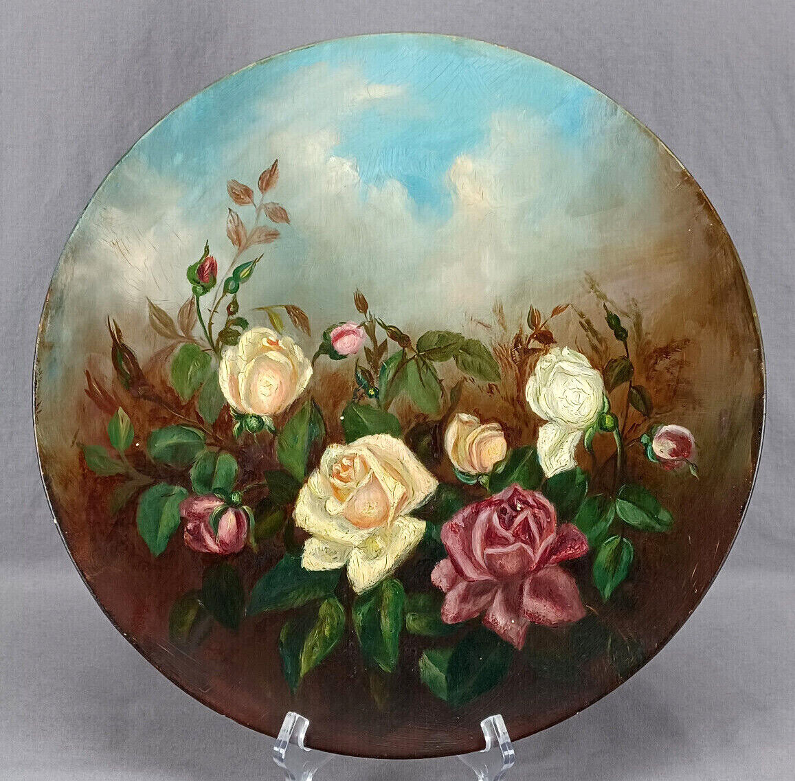 Antique Hand Painted Pink & Yellow Roses Folk Art Papier Mache 14 Inch Charger
