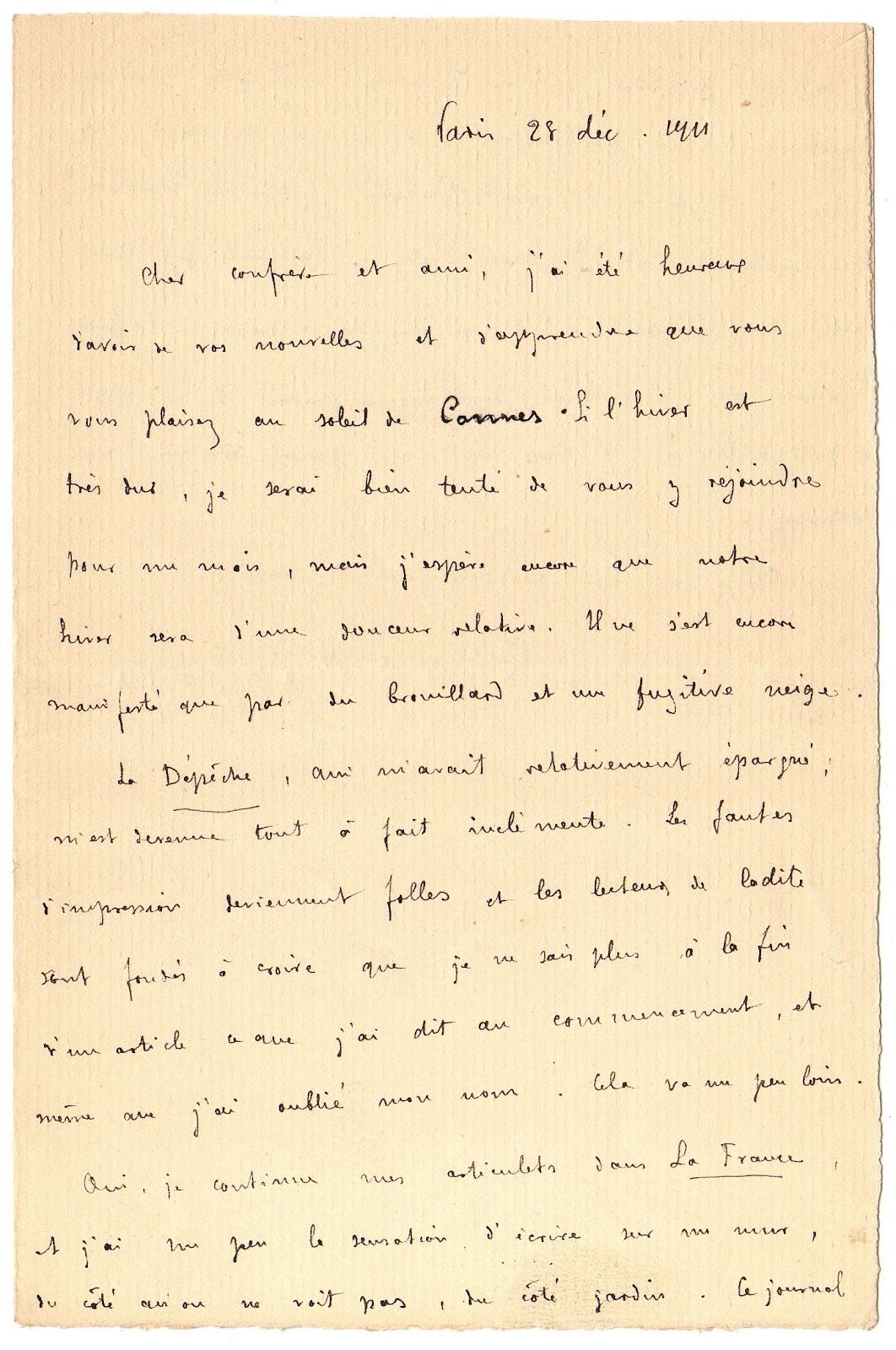 REMY de Gourmont to Octave Uzanne - autograph - December 28, 1911