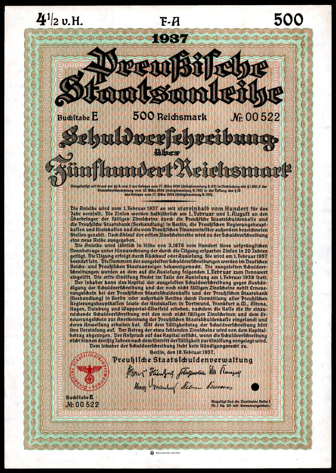 1937 Germany RM 500 Prussia State Treasury Bond Pre-War Reichsadler Seal VF+