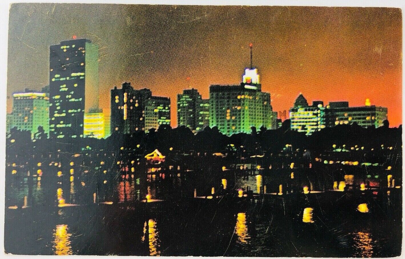 Vintage Miami Florida FL Miami\'s Skyline From Dodge Island at Night Postcard 
