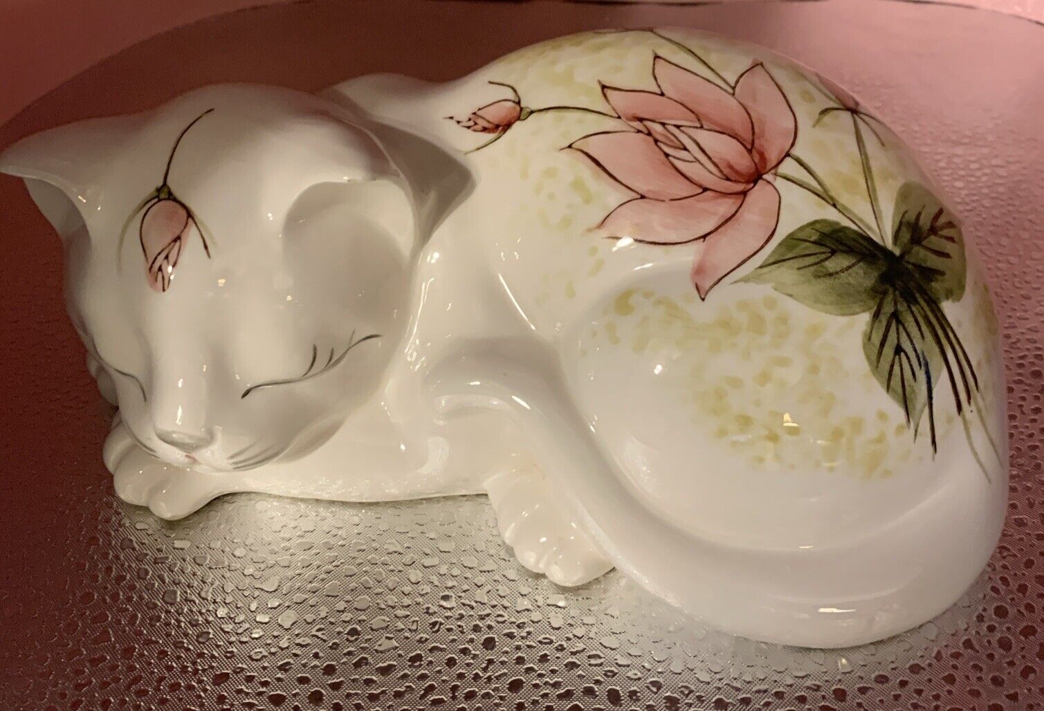 Vintage Candlewood Gifts Handpainted Ceramic Sleeping White Cat Floral Design