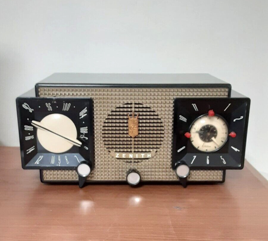 Zenith 7J03 AM FM Clock Radio Tube VINTAGE 1950's Dark Brown/Gold Tested Works