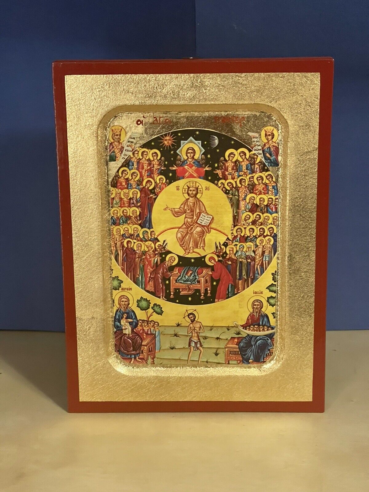 ALL SAINTS’ DIVINE CHORUS- GREEK WOODEN ICON, CARVED WITH GOLD LEAVES 6x8 Inches