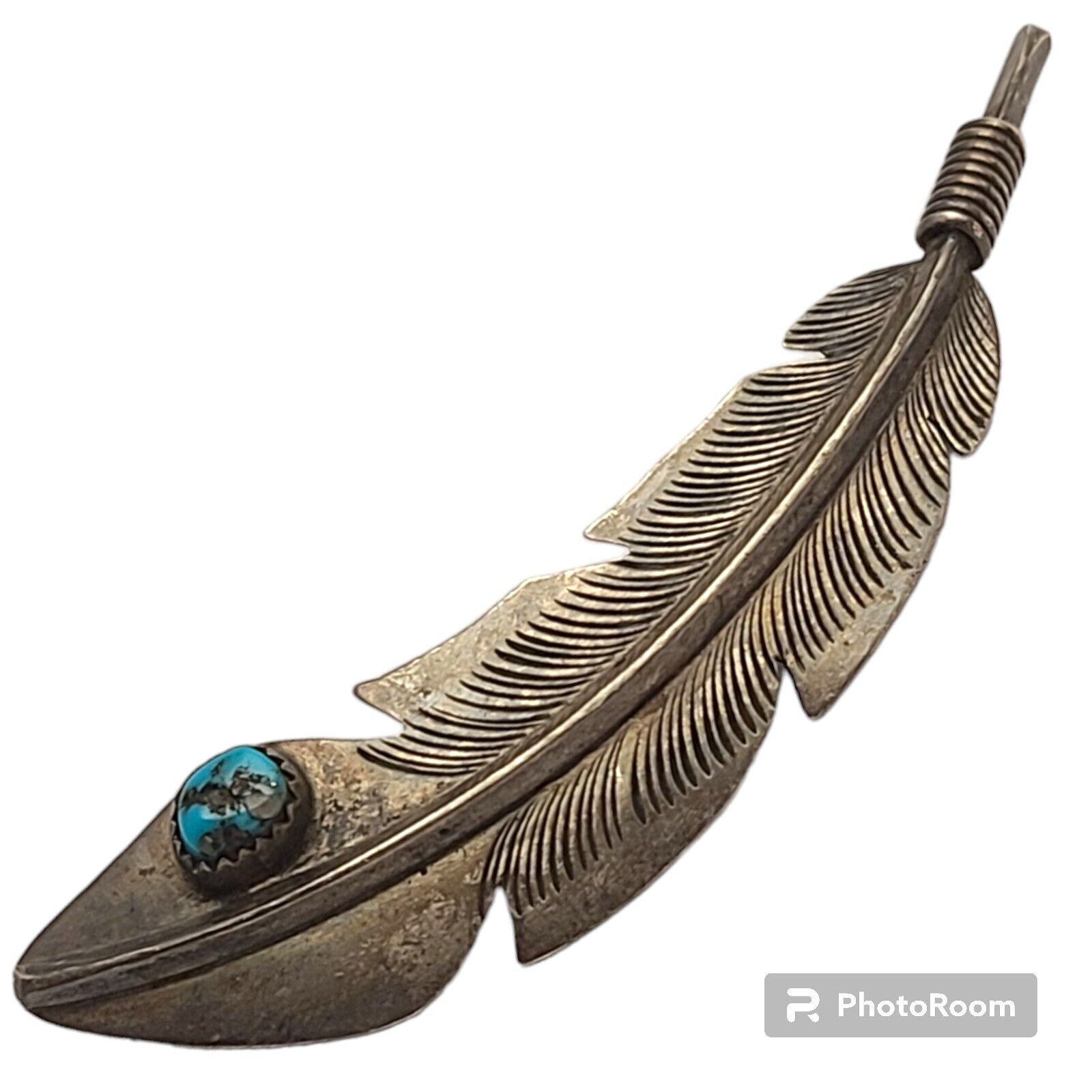 Vintage Bill Long Navajo Morenci Turquoise Feather Sterling Silver Pin Brooch